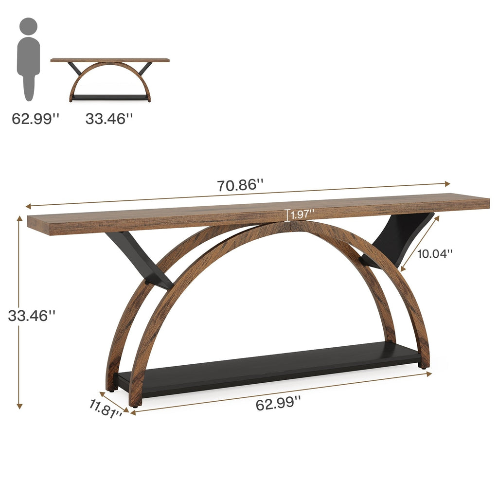 Console étroite à deux niveaux avec cadre semi-circulaire pour entrée, tables d'appoint grises pour couloir