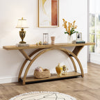 Console étroite à deux niveaux avec cadre semi-circulaire pour entrée, tables d'appoint grises pour couloir