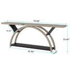 Console étroite à deux niveaux avec cadre semi-circulaire pour entrée, tables d'appoint grises pour couloir
