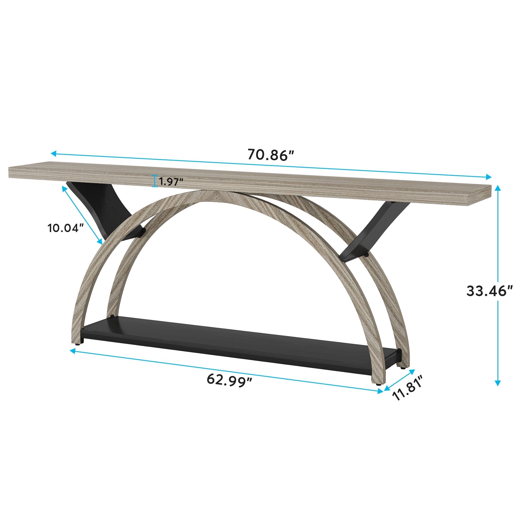 Console étroite à deux niveaux avec cadre semi-circulaire pour entrée, tables d'appoint grises pour couloir