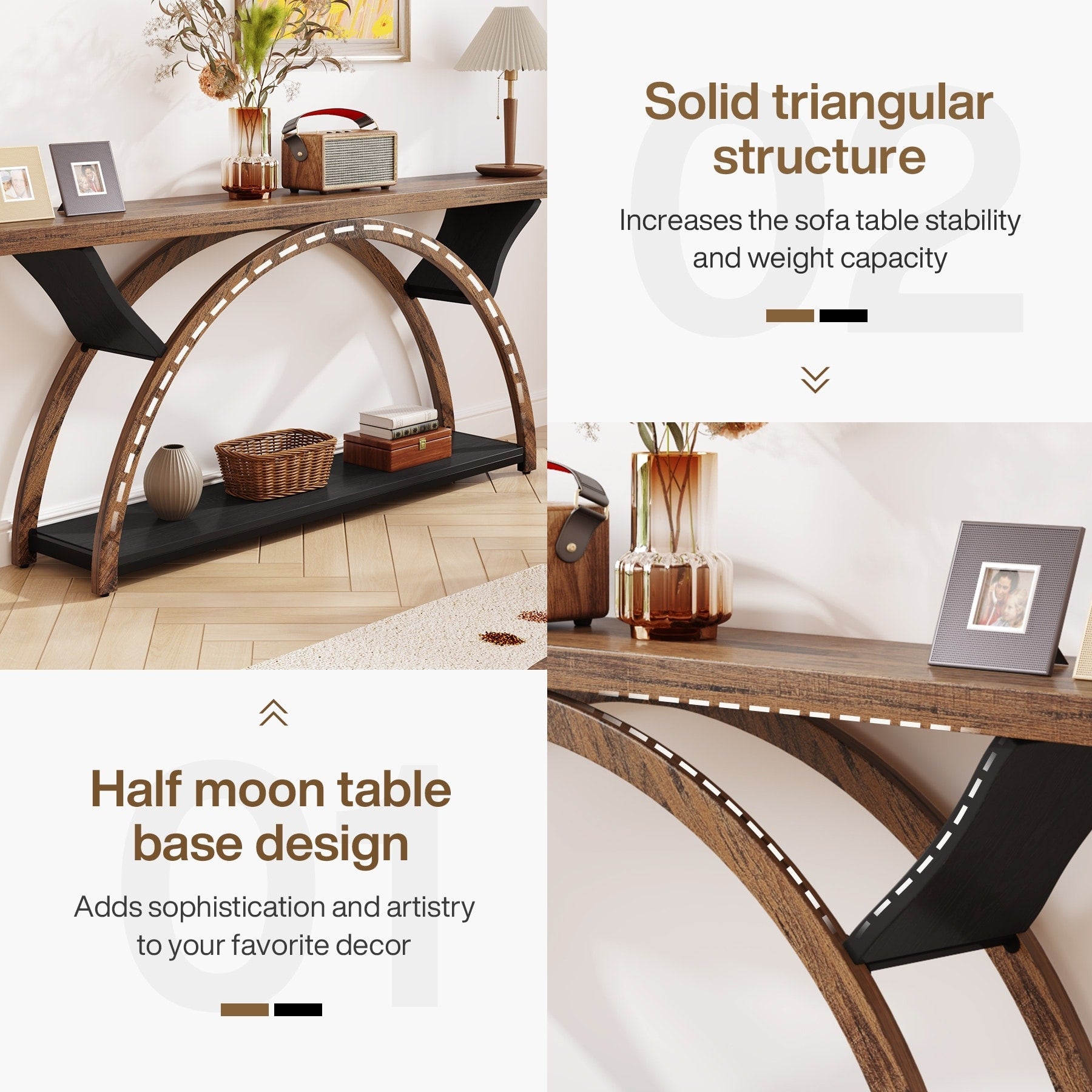 Console étroite à deux niveaux avec cadre semi-circulaire pour entrée, tables d'appoint grises pour couloir