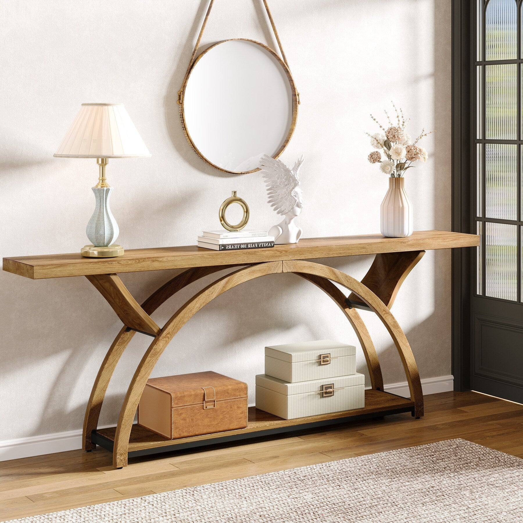 Console étroite à deux niveaux avec cadre semi-circulaire pour entrée, tables d'appoint grises pour couloir