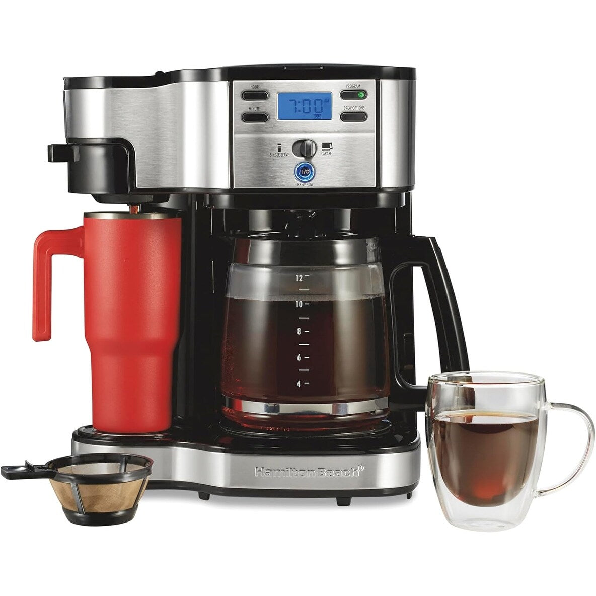 Cafetière 2 voies 12 tasses et doseur individuel, carafe en verre, pause et versement automatiques, noir