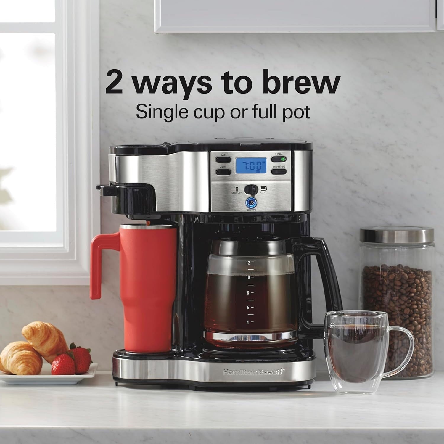Cafetière 2 voies 12 tasses et doseur individuel, carafe en verre, pause et versement automatiques, noir