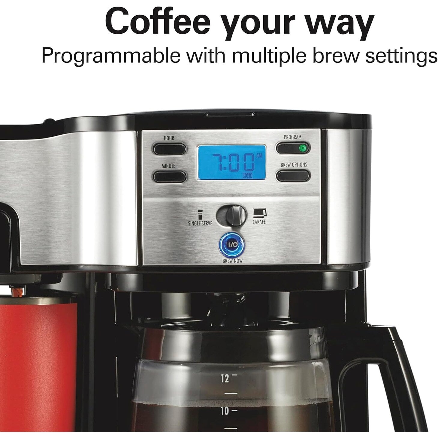 Cafetière 2 voies 12 tasses et doseur individuel, carafe en verre, pause et versement automatiques, noir