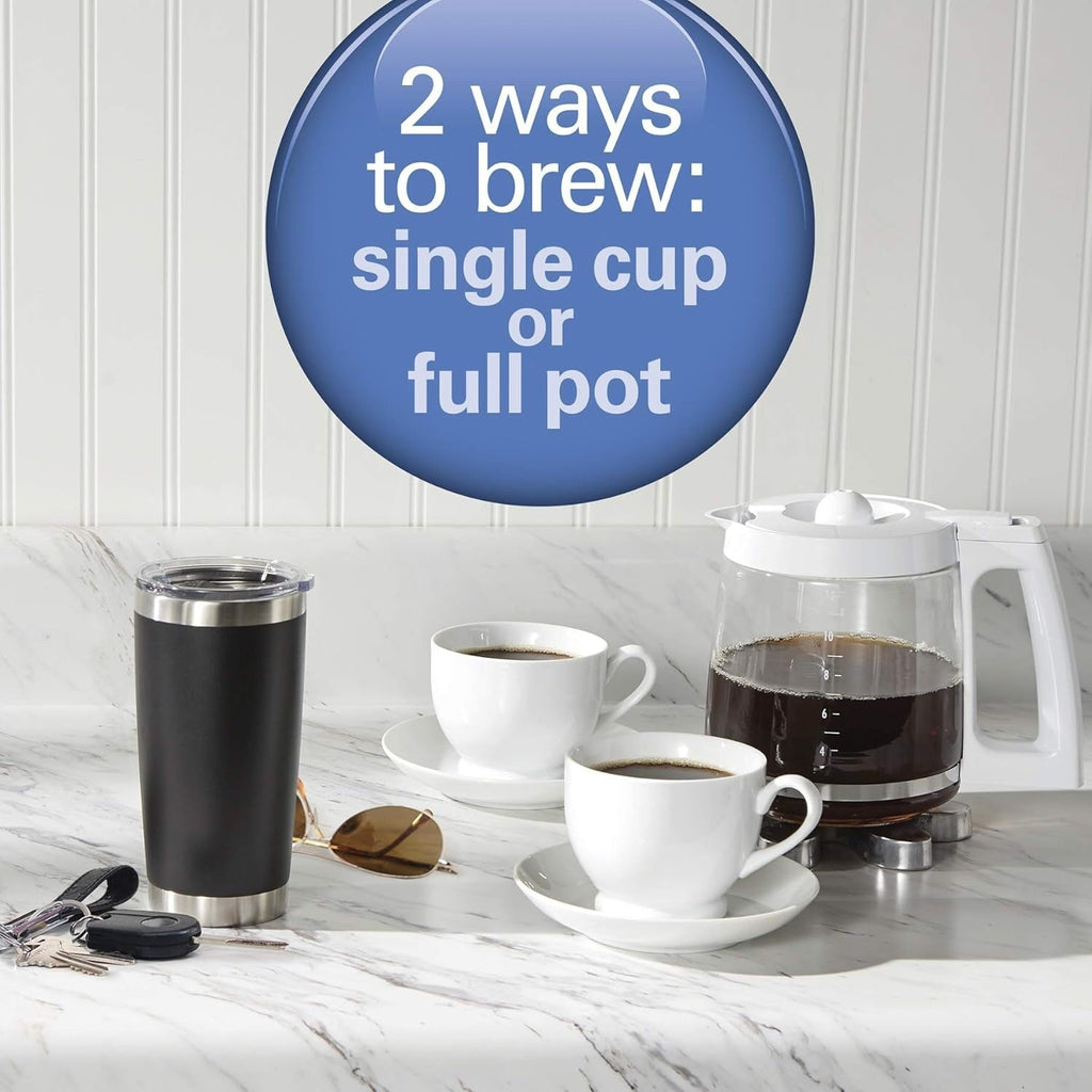 Cafetière 2 voies 12 tasses et doseur individuel, carafe en verre, pause et versement automatiques, blanche