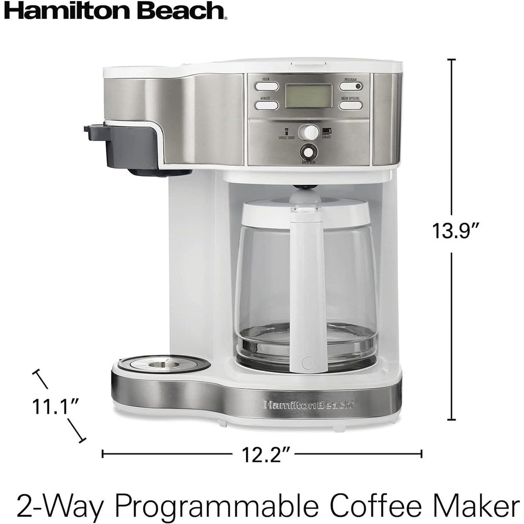 Cafetière 2 voies 12 tasses et doseur individuel, carafe en verre, pause et versement automatiques, blanche