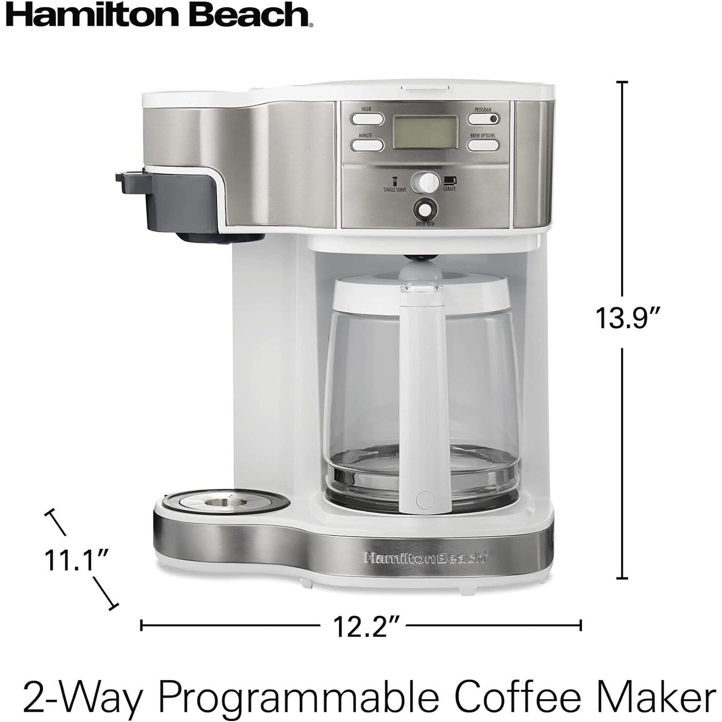 Cafetière 2 voies 12 tasses et doseur individuel, carafe en verre, pause et versement automatiques, blanche
