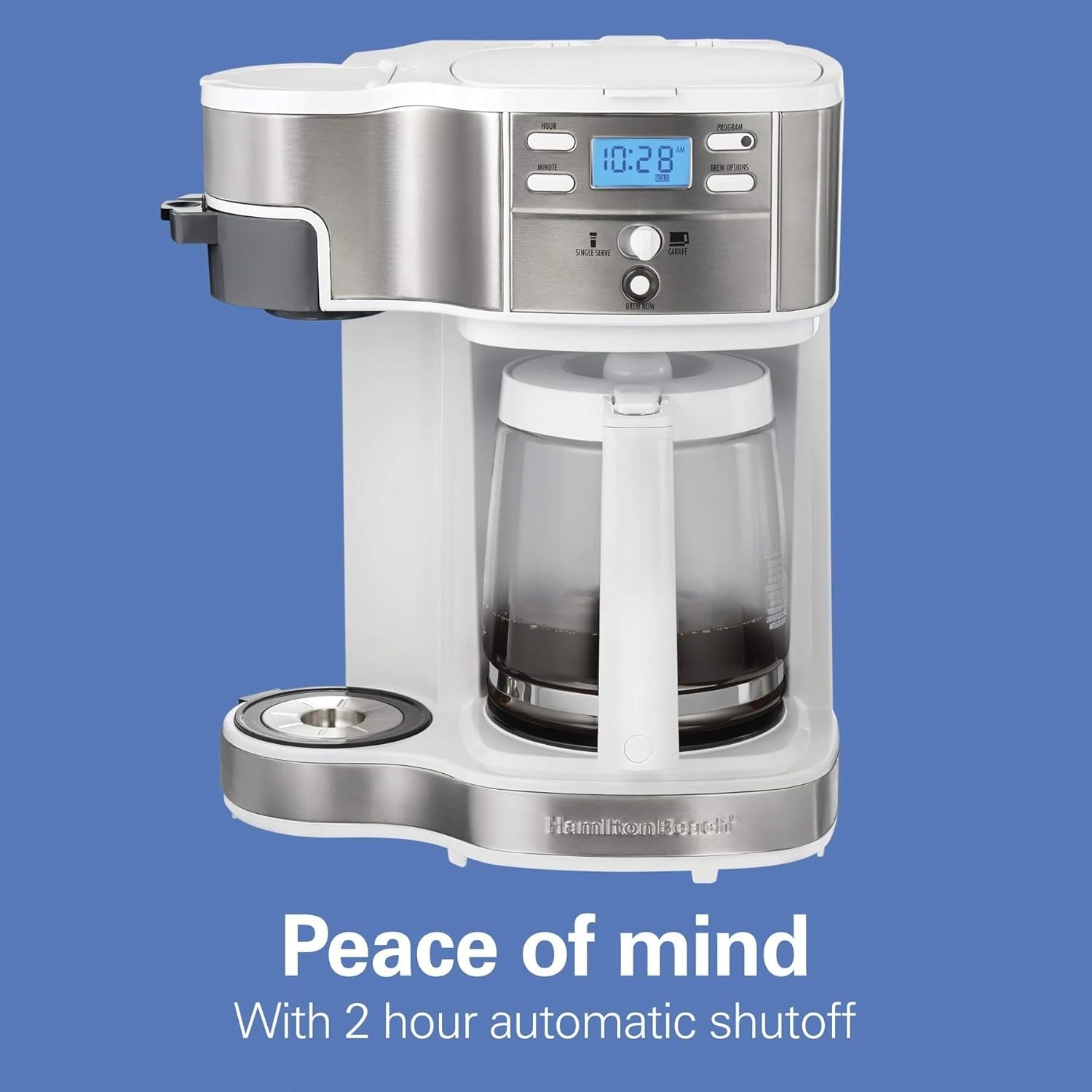 Cafetière 2 voies 12 tasses et doseur individuel, carafe en verre, pause et versement automatiques, blanche