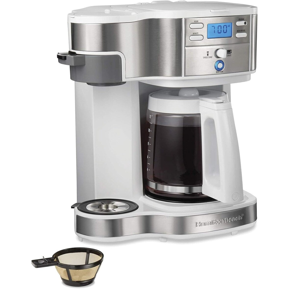 Cafetière 2 voies 12 tasses et doseur individuel, carafe en verre, pause et versement automatiques, blanche