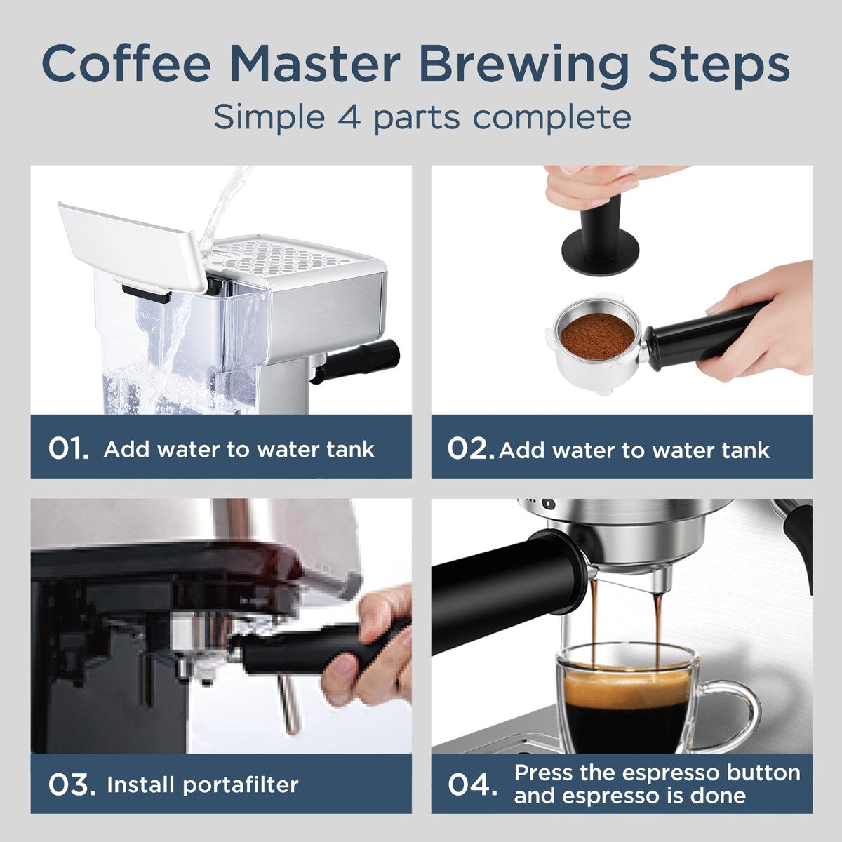 Machine à expresso semi-automatique en acier inoxydable argenté de 20 tasses avec réservoir d'eau de 0,5 gallon