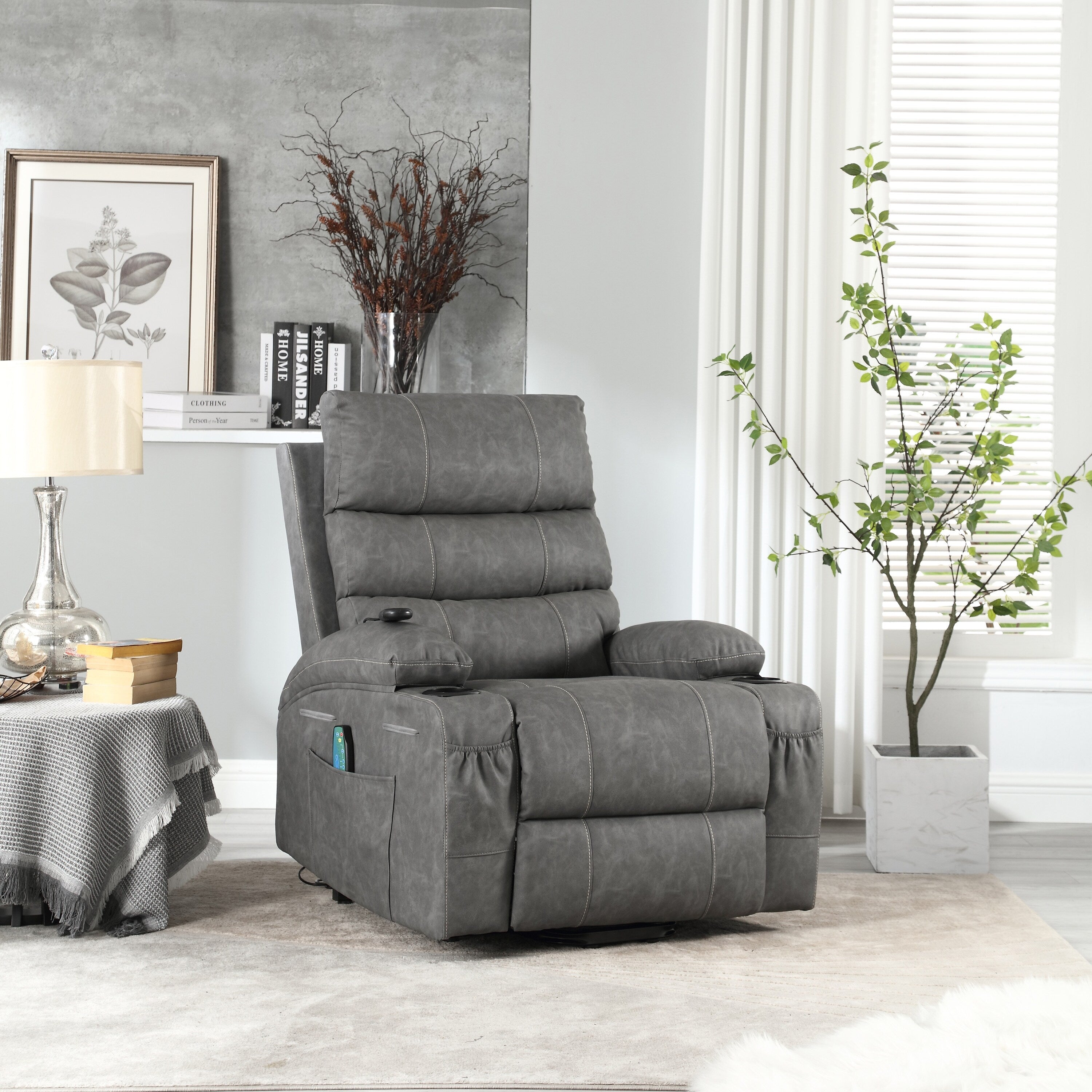 Fauteuil inclinable électrique de 21 pouces de large pour personnes âgées, massage lombaire à 8 points, chauffage, télécommande, poches latérales, porte-gobelets