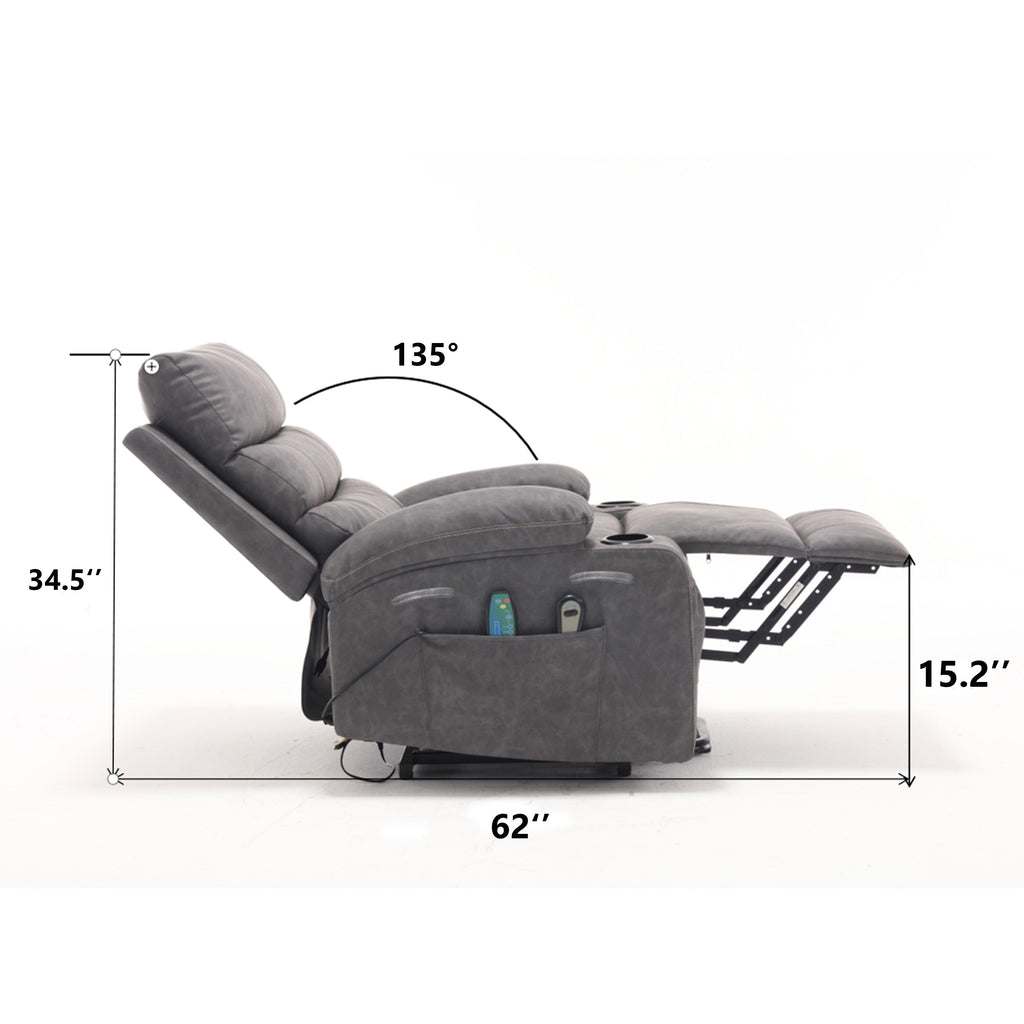 Fauteuil inclinable électrique de grande taille 21 W, massage par vibrations à 8 points et chauffage lombaire, télécommande, poches latérales, porte-gobelets