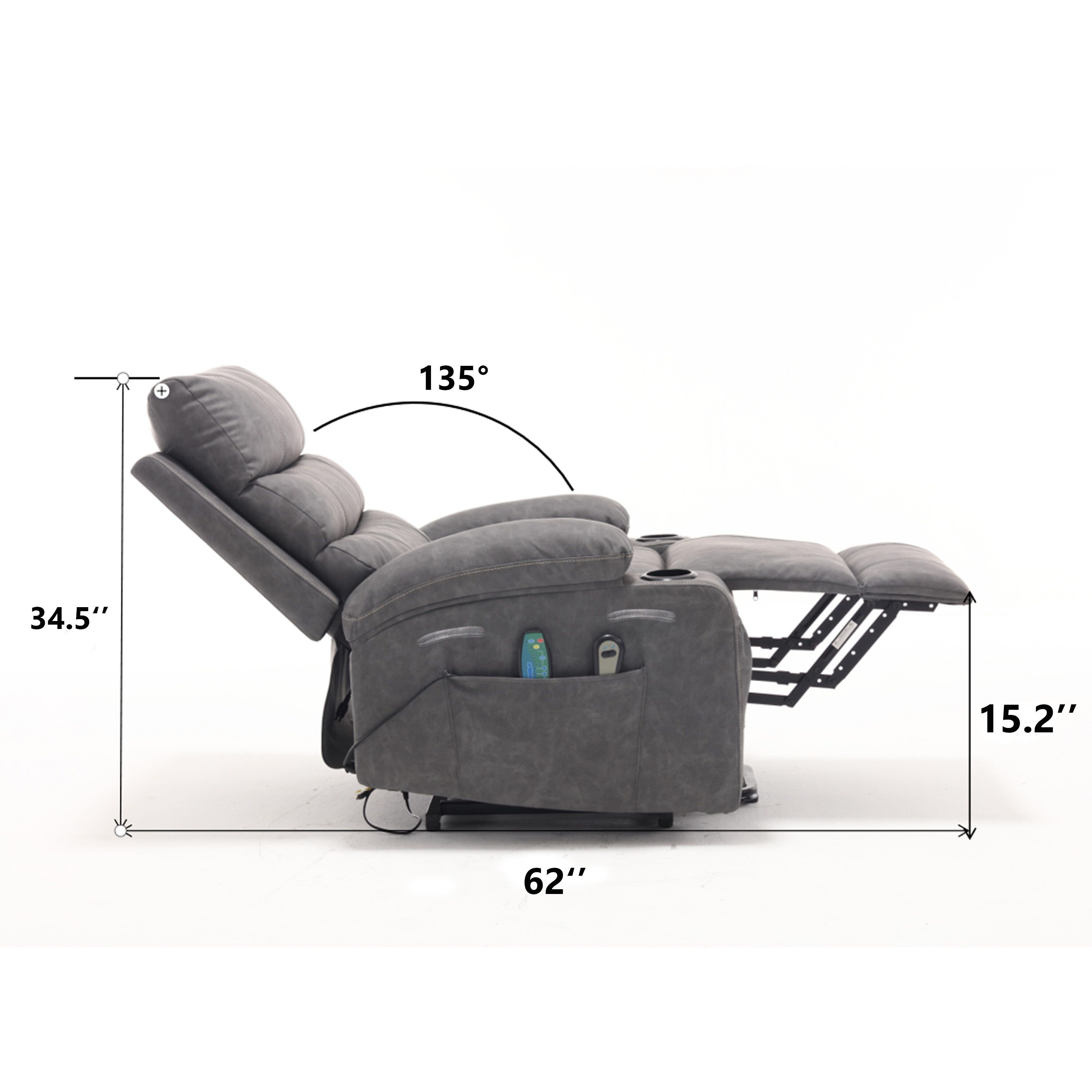 Fauteuil inclinable électrique de grande taille 21 W, massage par vibrations à 8 points et chauffage lombaire, télécommande, poches latérales, porte-gobelets