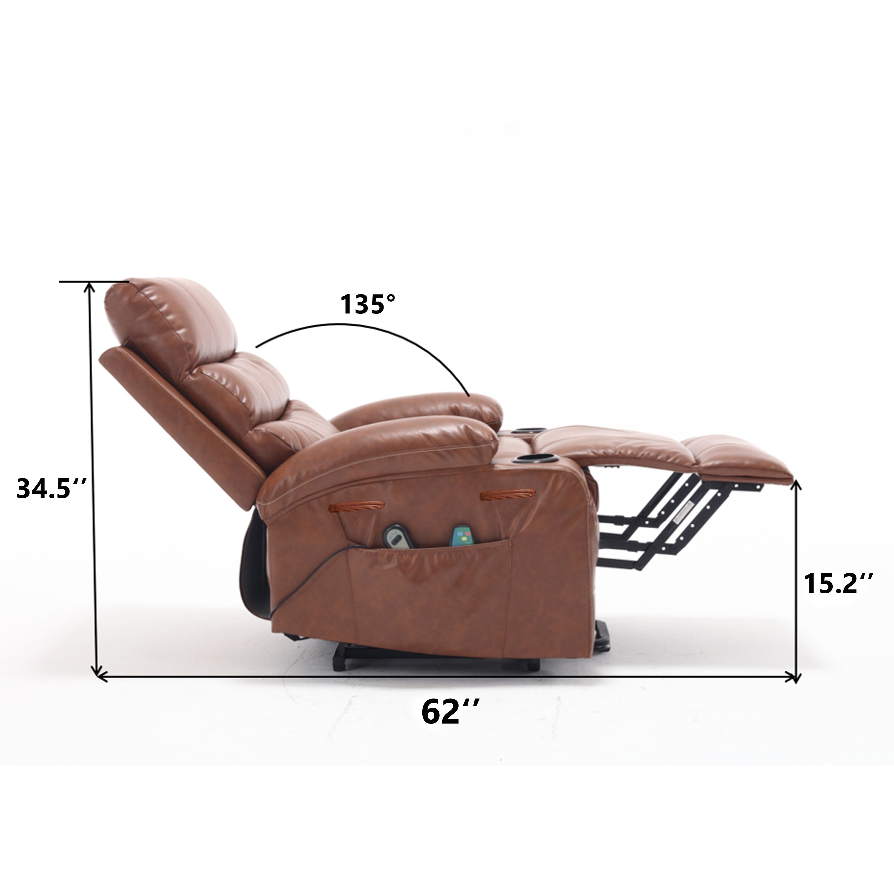 Fauteuil inclinable électrique de grande taille 21 W, massage par vibrations à 8 points et chauffage lombaire, télécommande, poches latérales, porte-gobelets