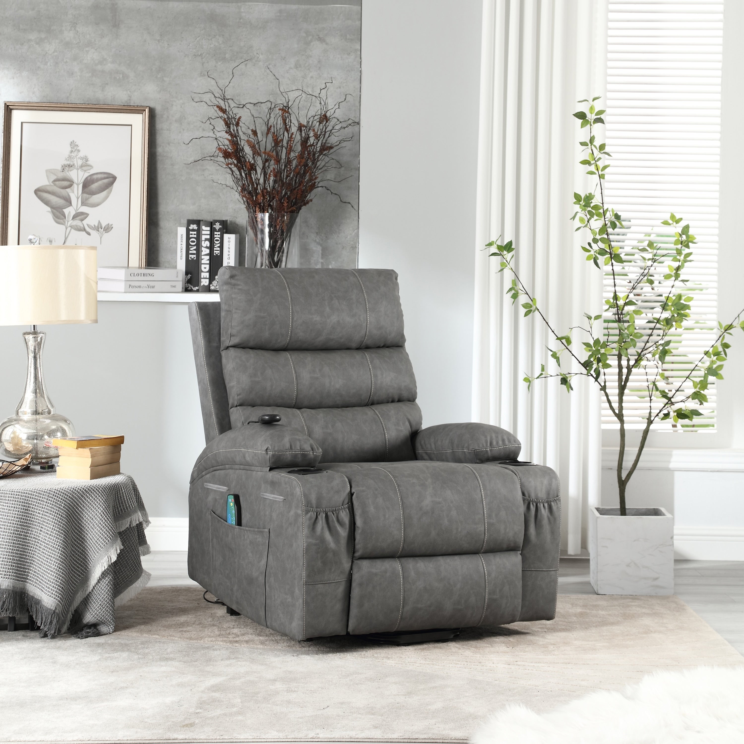Fauteuil inclinable électrique de grande taille 21 W, massage par vibrations à 8 points et chauffage lombaire, télécommande, poches latérales, porte-gobelets