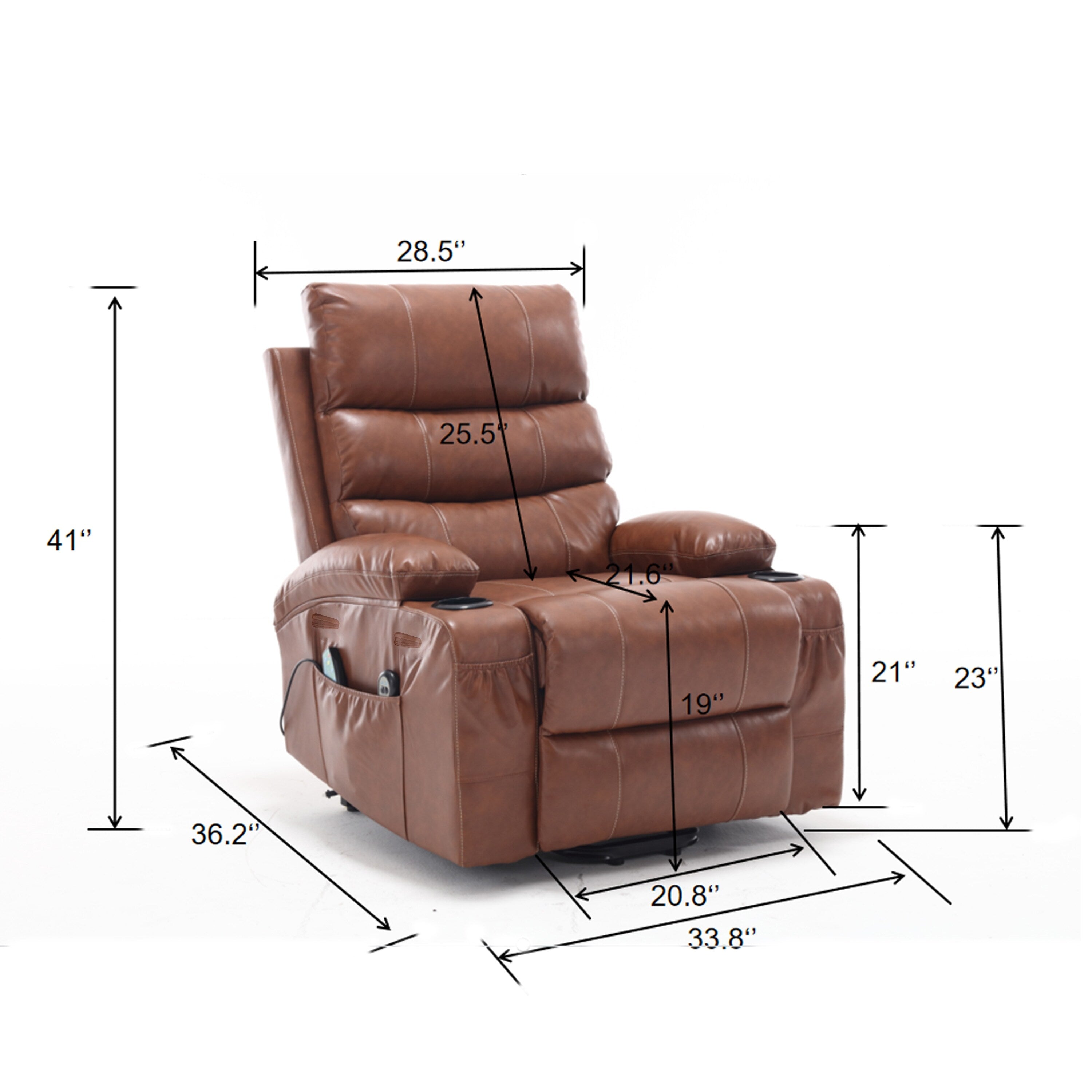 Fauteuil inclinable électrique de grande taille 21 W, massage par vibrations à 8 points et chauffage lombaire, télécommande, poches latérales, porte-gobelets