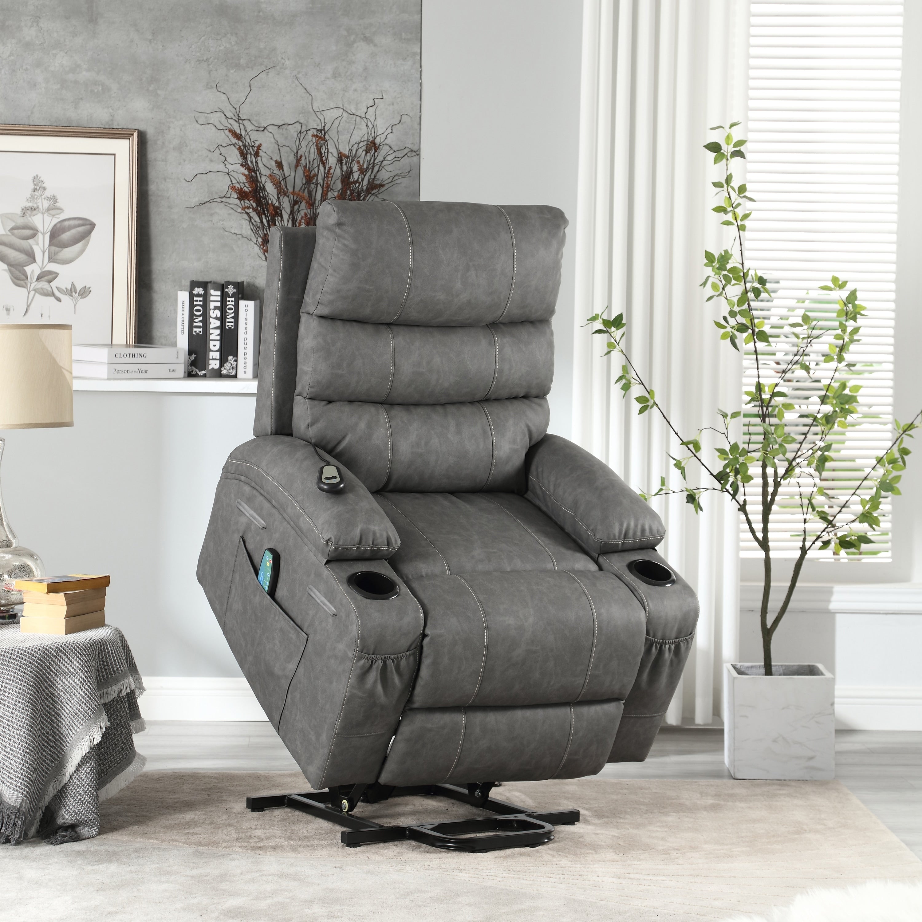 Fauteuil inclinable électrique de grande taille 21 W, massage par vibrations à 8 points et chauffage lombaire, télécommande, poches latérales, porte-gobelets
