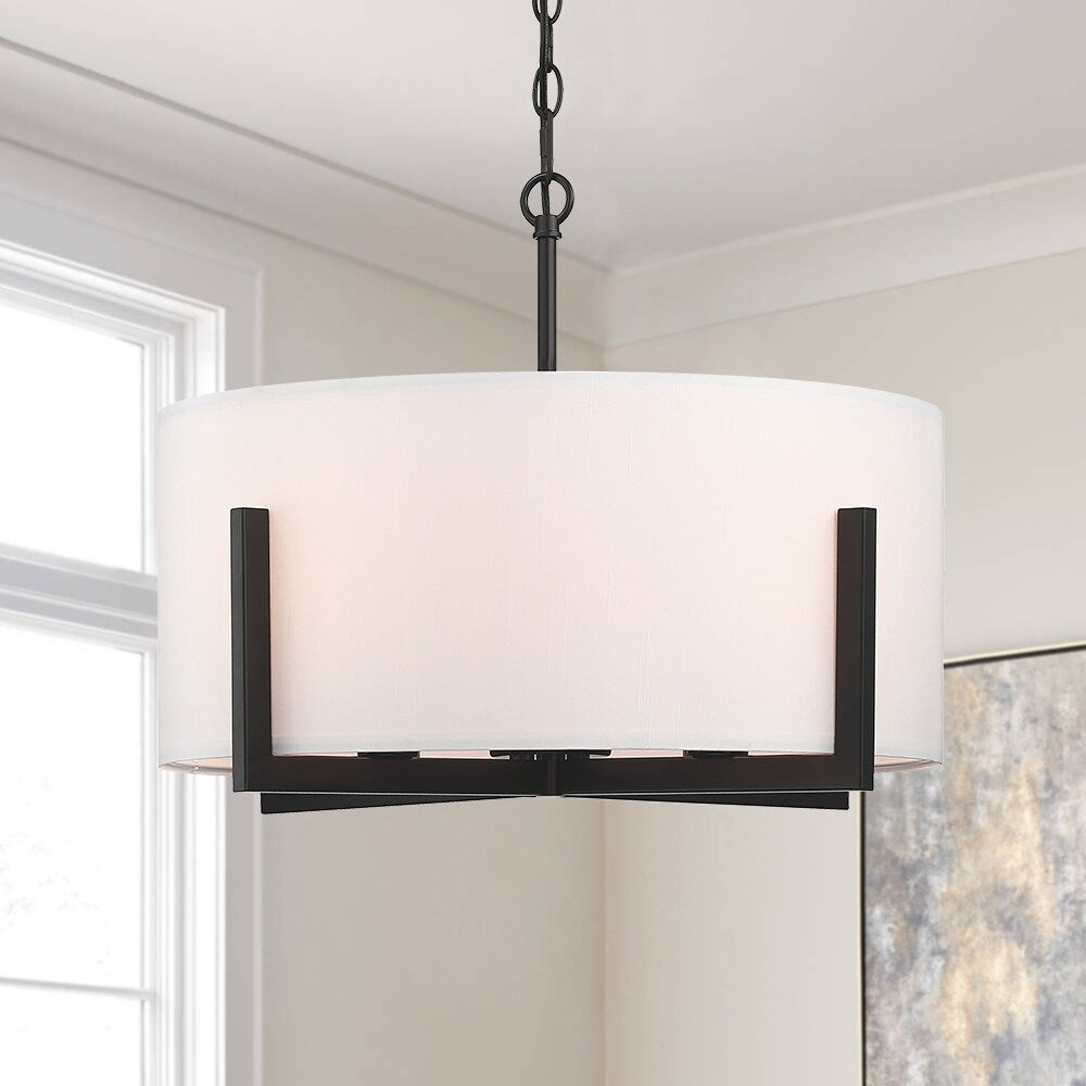 Lustre suspendu noir mat à 4 lumières de 22 po avec abat-jour tambour blanc - 22 W