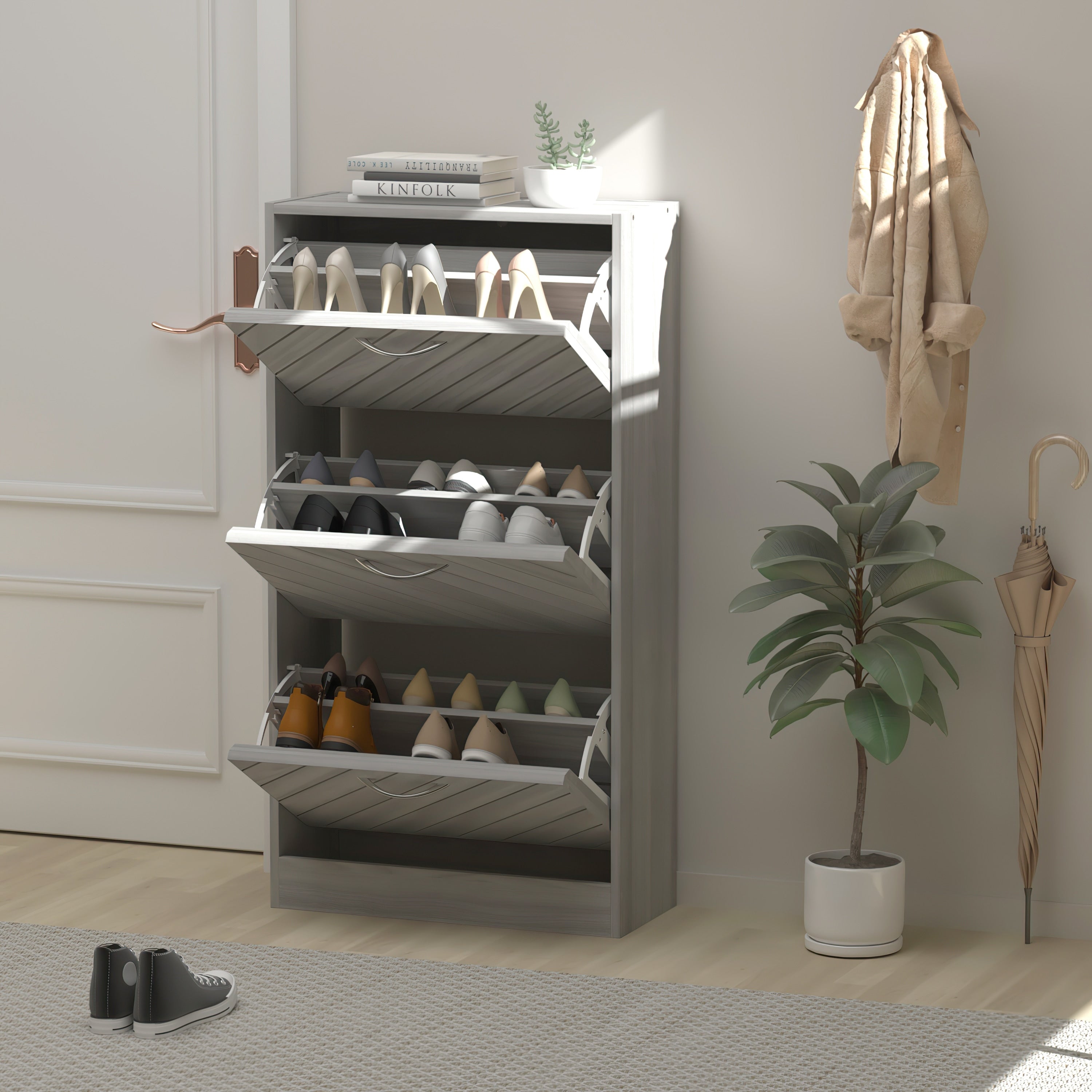 Meuble à chaussures 22,4 avec 3 tiroirs rabattables, bois/gris, par Kerrogee