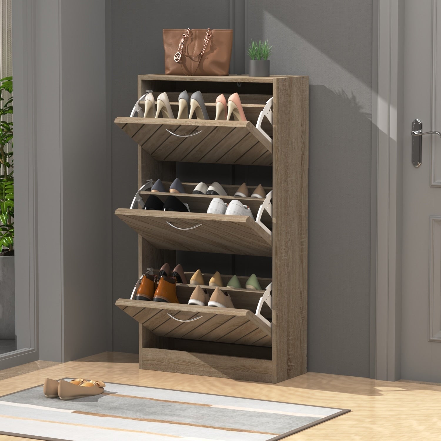 Meuble à chaussures 22,4 avec 3 tiroirs rabattables, bois/gris, par Kerrogee