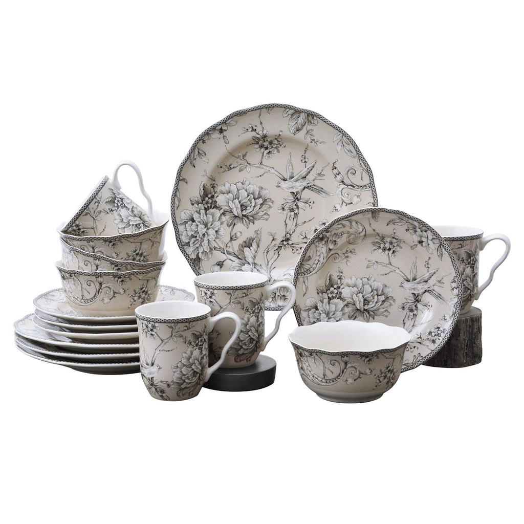 Service de table 16 pièces en porcelaine 222 Fifth Adelaide avec assiettes rondes, bols et tasses, blanc antique