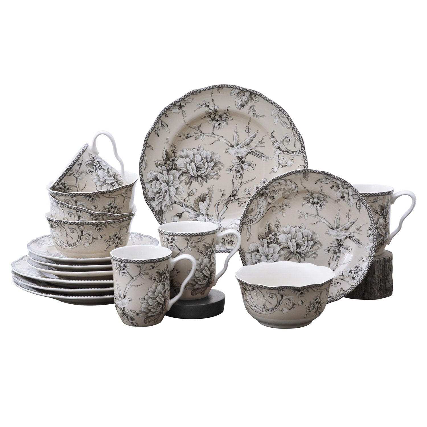Service de table 16 pièces en porcelaine 222 Fifth Adelaide avec assiettes rondes, bols et tasses, blanc antique