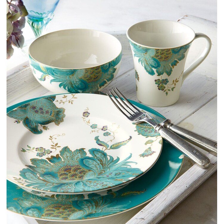 Service de table 16 pièces en porcelaine, 222 Fifth Eliza, bleu sarcelle