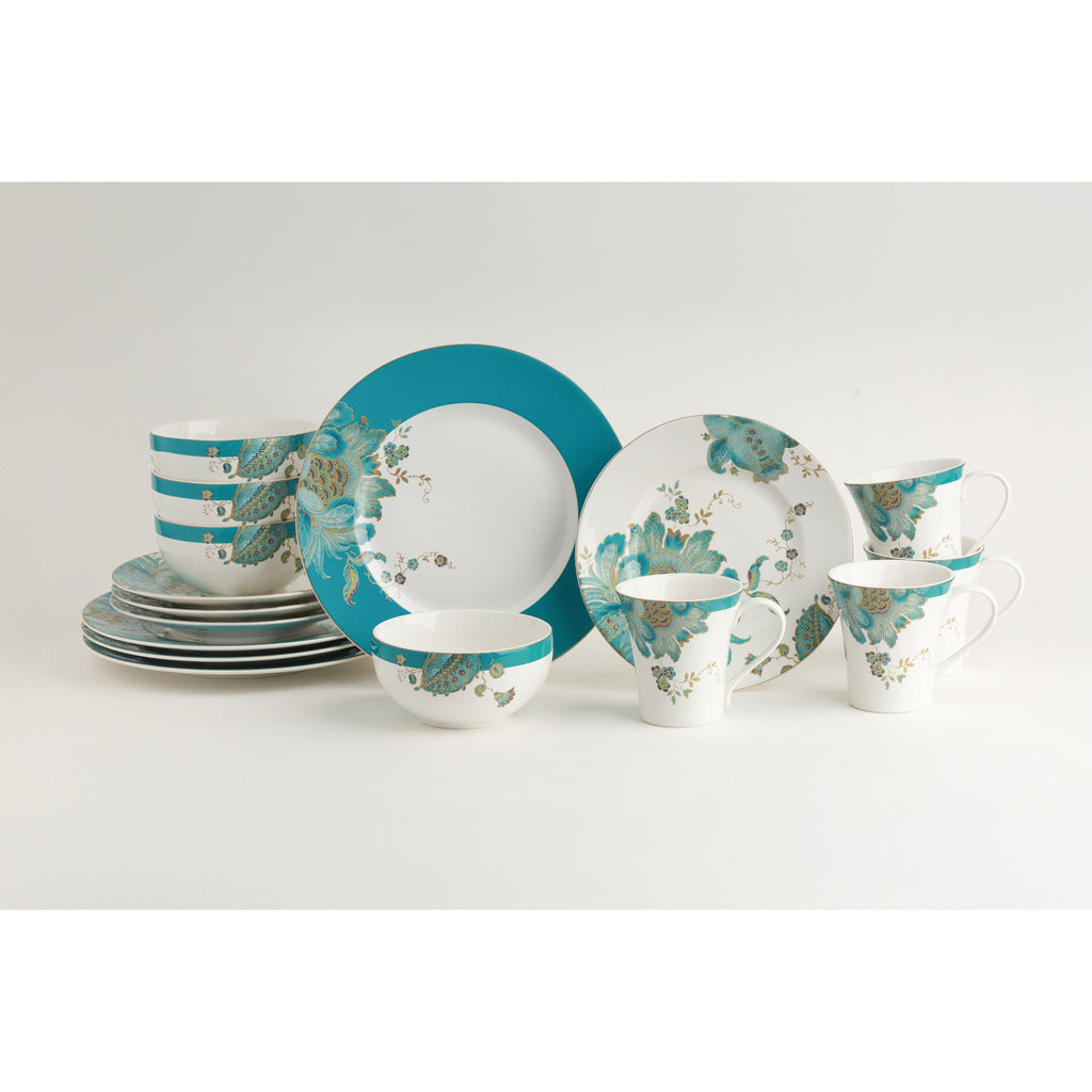 Service de table 16 pièces en porcelaine, 222 Fifth Eliza, bleu sarcelle