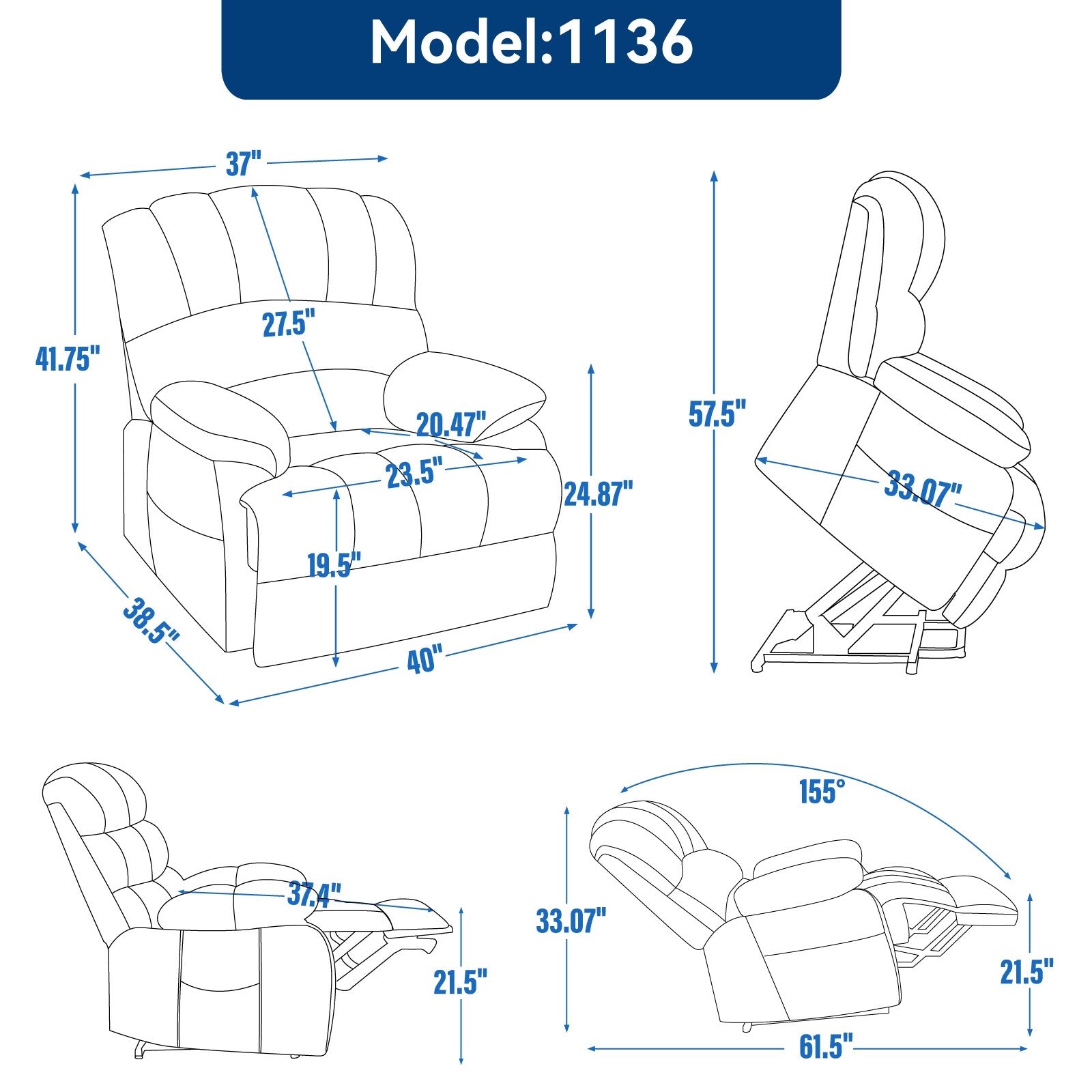 Fauteuil inclinable électrique de grande taille, largeur d'assise 23, dossier haut, en chenille bleu gris, avec massage par vibrations à 8 points