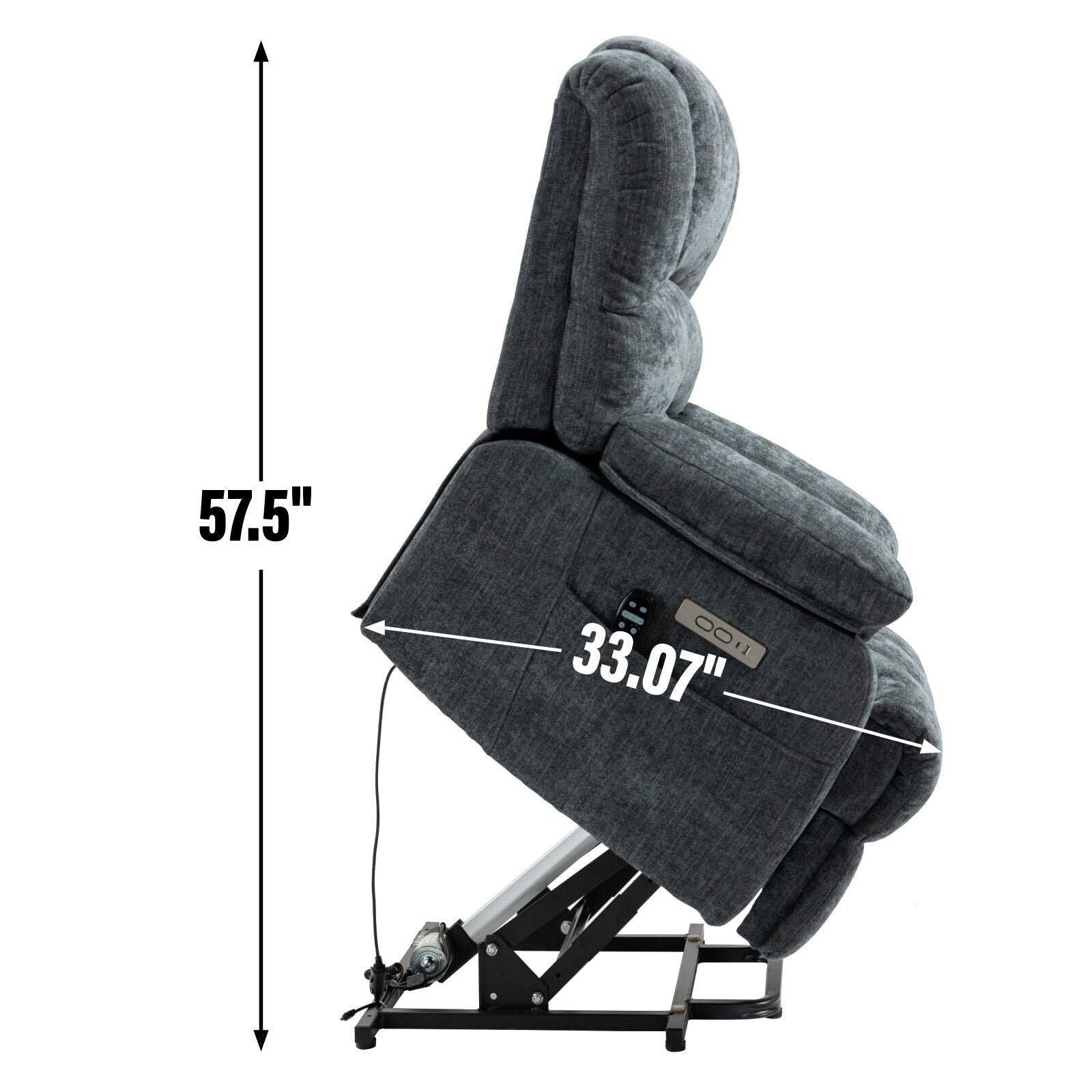 Fauteuil inclinable électrique de grande taille, largeur d'assise 23, dossier haut, en chenille bleu gris, avec massage par vibrations à 8 points