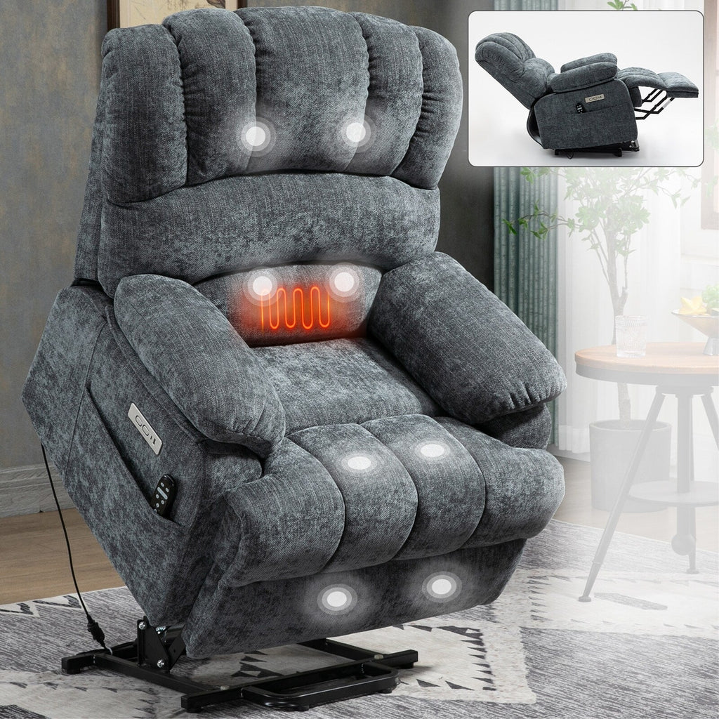 Fauteuil inclinable électrique de grande taille, largeur d'assise 23, dossier haut, en chenille bleu gris, avec massage par vibrations à 8 points