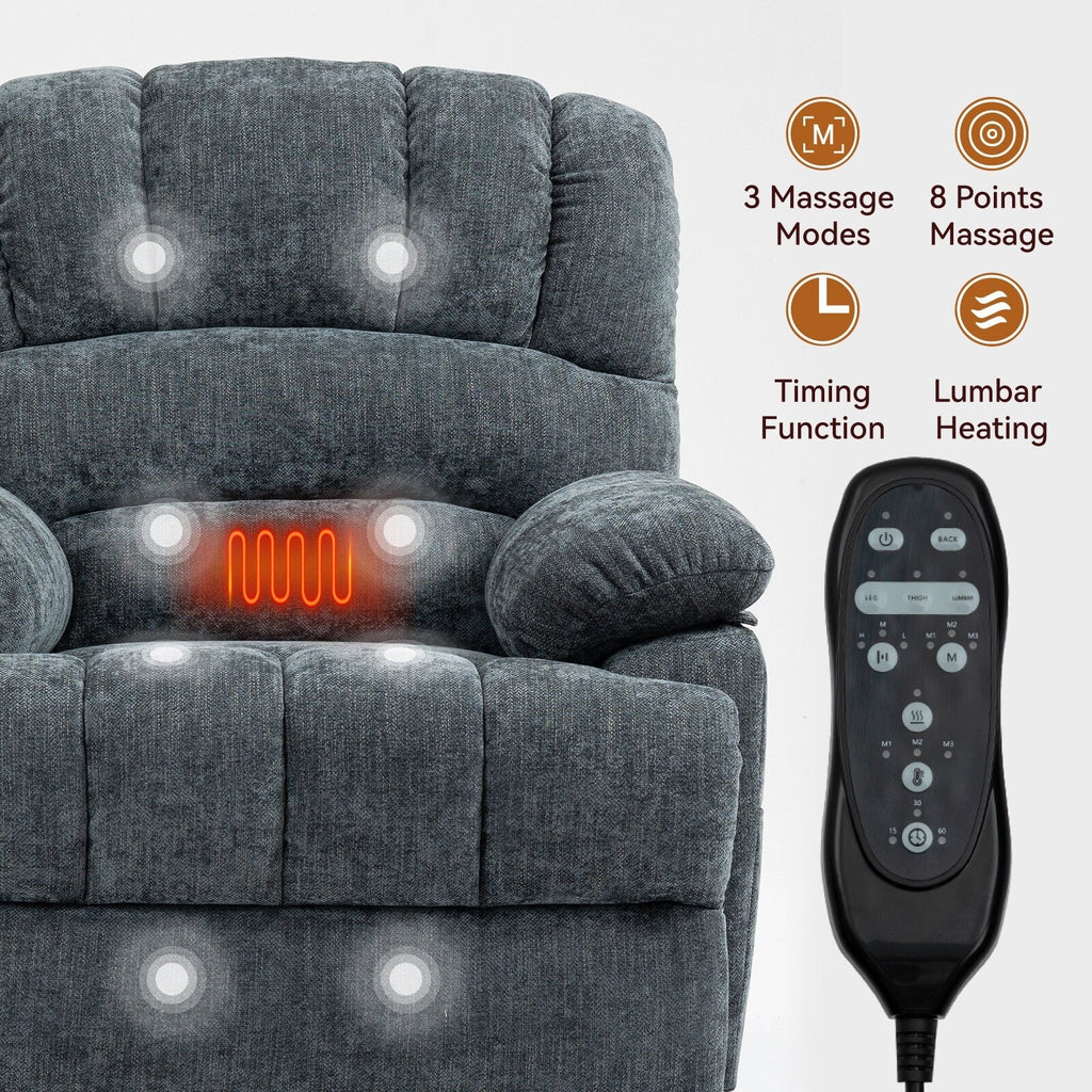 Fauteuil inclinable électrique de grande taille, largeur d'assise 23, dossier haut, en chenille bleu gris, avec massage par vibrations à 8 points