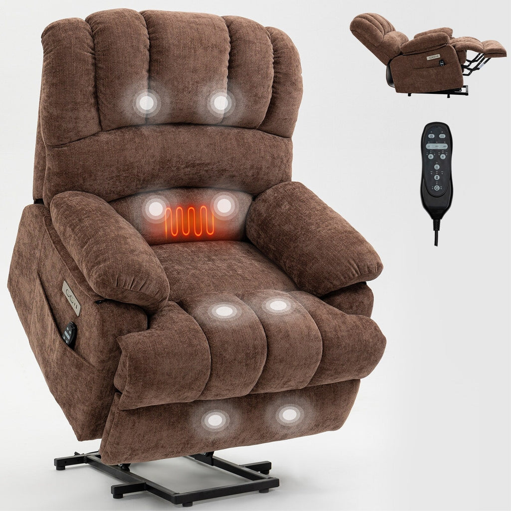 Fauteuil inclinable électrique de grande taille en chenille avec siège de 23 pouces de large et dossier haut, massage par vibration à 8 points et chauffage lombaire