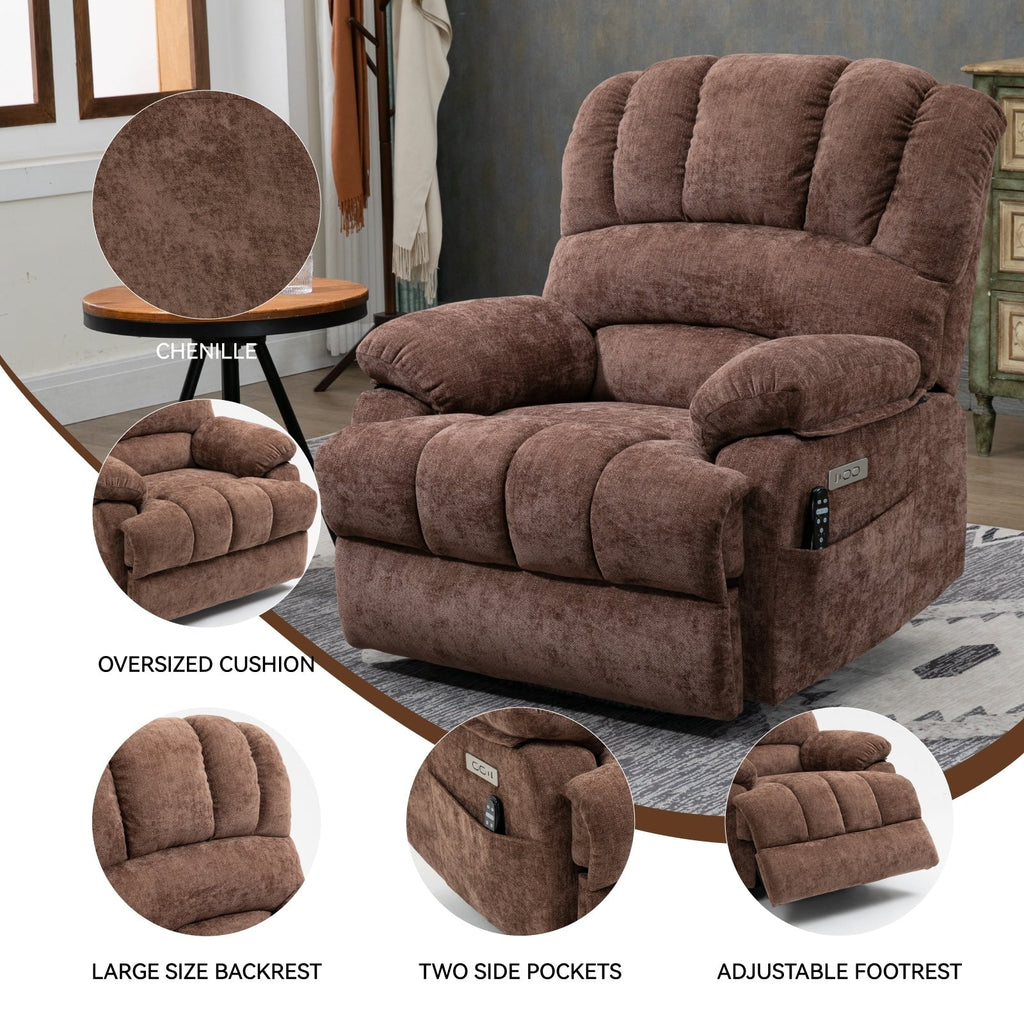 Fauteuil inclinable électrique de grande taille en chenille avec largeur d'assise de 23 pouces et dossier haut, massage par vibration à 8 points et chauffage lombaire