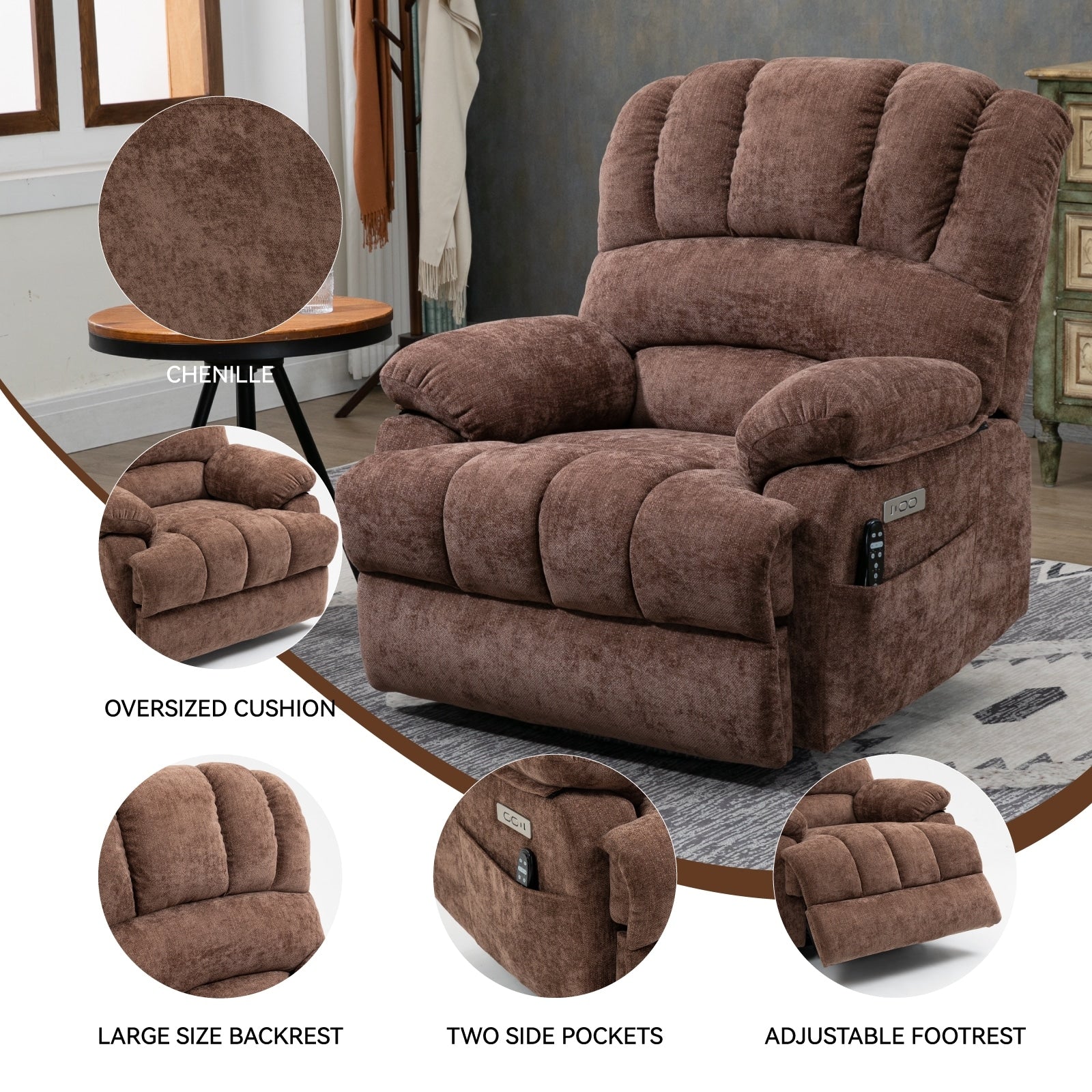 Fauteuil inclinable électrique de grande taille en chenille avec largeur d'assise de 23 pouces et dossier haut, massage par vibration à 8 points et chauffage lombaire