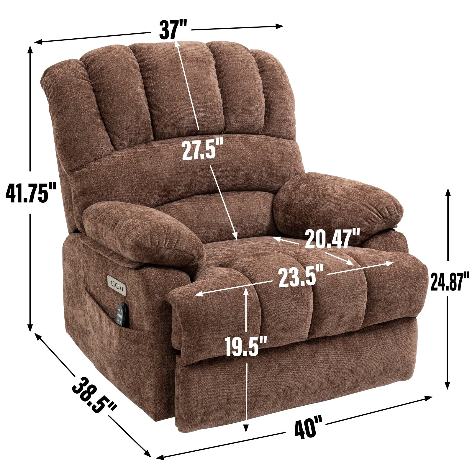 Fauteuil inclinable électrique de grande taille en chenille avec largeur d'assise de 23 pouces et dossier haut, massage par vibration à 8 points et chauffage lombaire