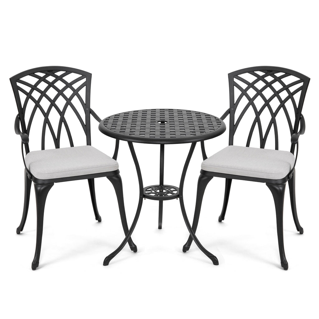 Table de bistrot en fonte d'aluminium de 24 pouces et 2 chaises de bistrot avec coussins gris - Table ronde de 24 pouces