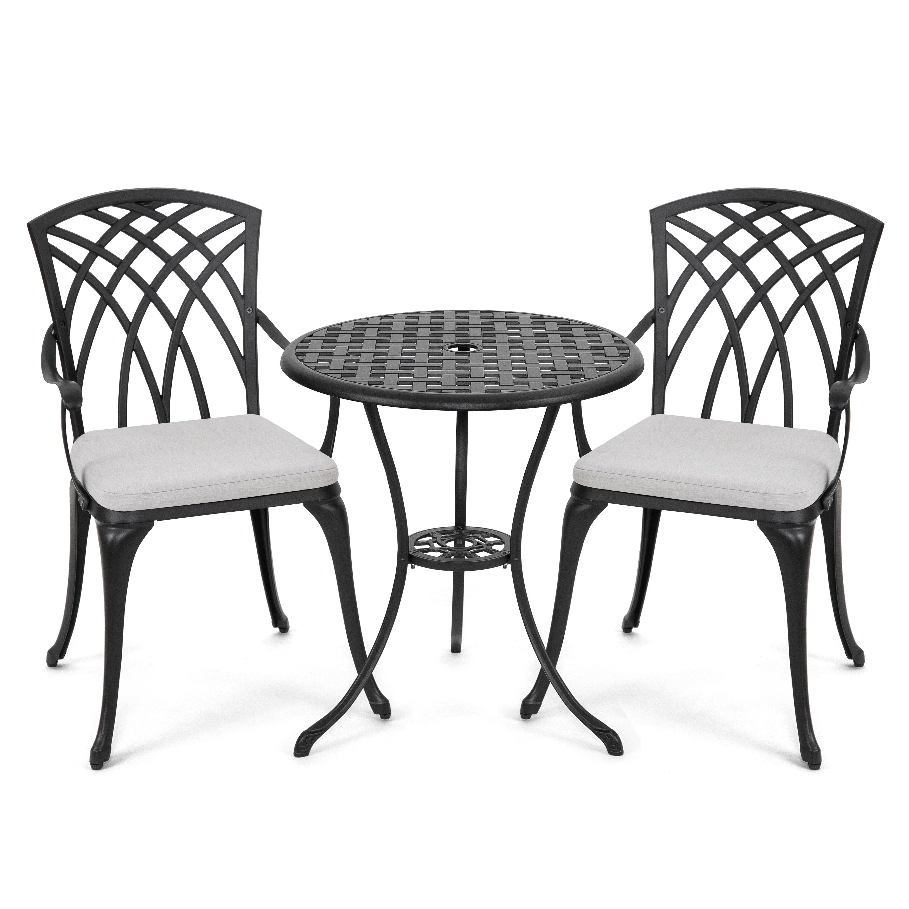 Table de bistrot en fonte d'aluminium de 24 pouces et 2 chaises de bistrot avec coussins gris - Table ronde de 24 pouces