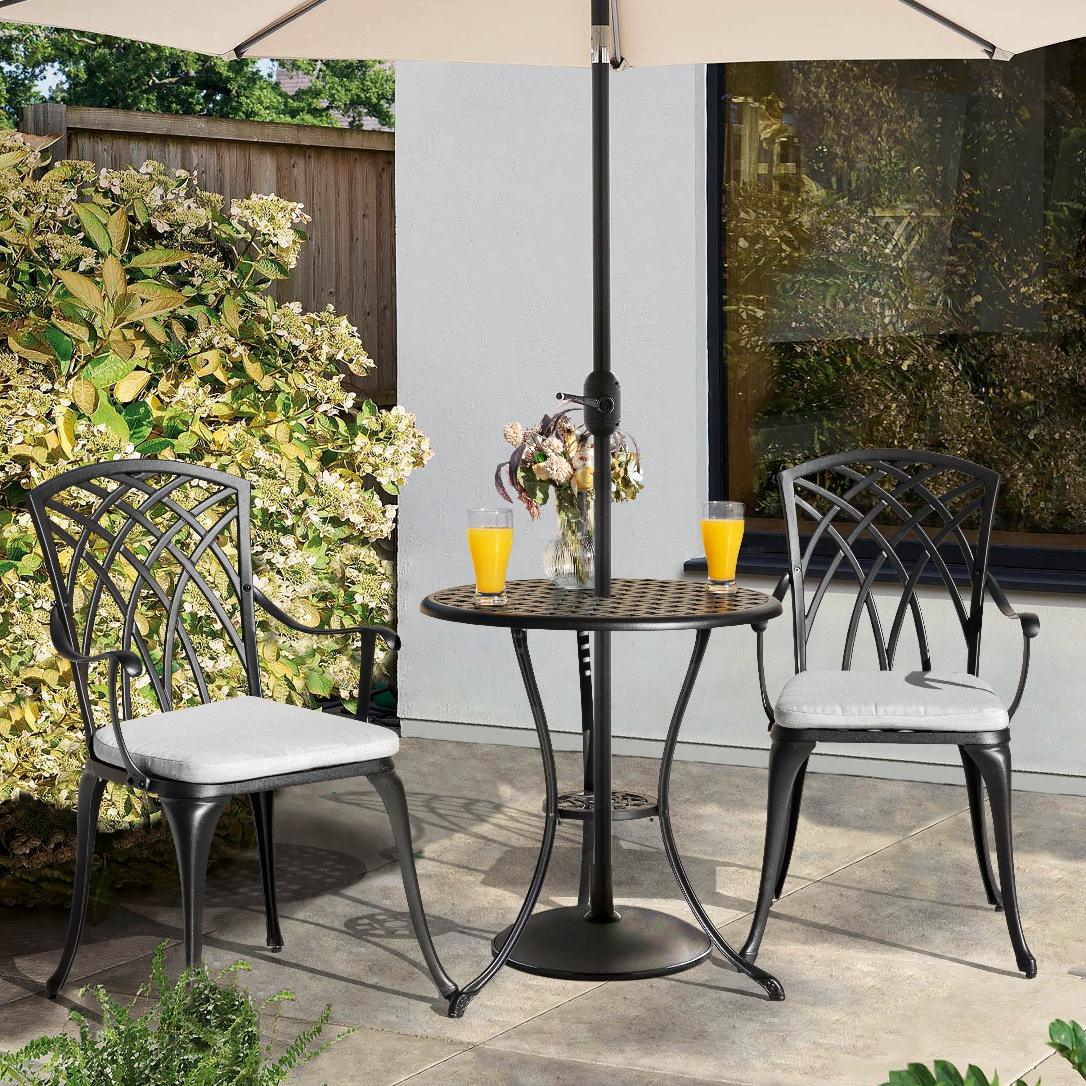Table de bistrot en fonte d'aluminium de 24 pouces et 2 chaises de bistrot avec coussins gris - Table ronde de 24 pouces