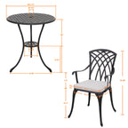 Table de bistrot en fonte d'aluminium de 24 pouces et 2 chaises de bistrot avec coussins gris - Table ronde de 24 pouces