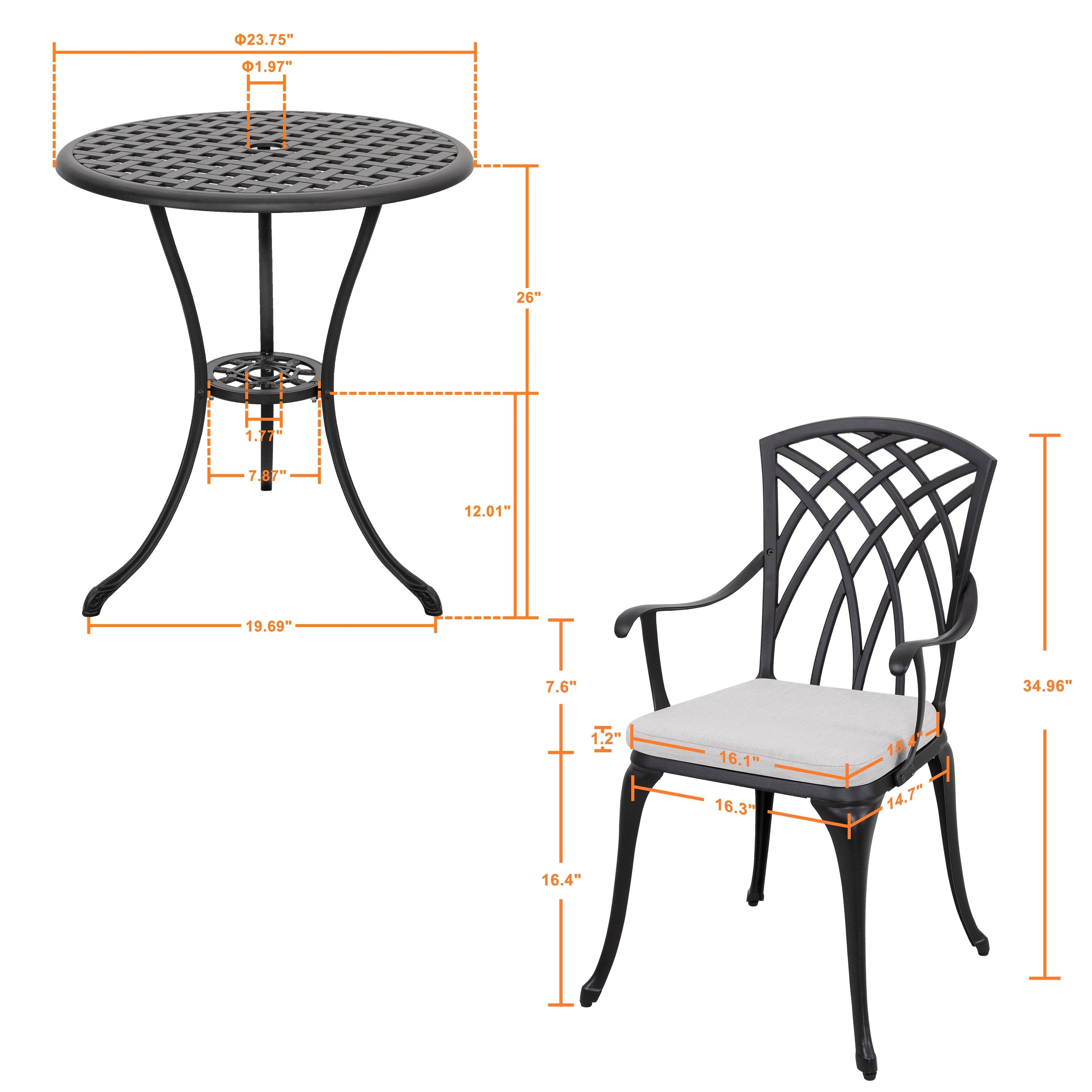 Table de bistrot en fonte d'aluminium de 24 pouces et 2 chaises de bistrot avec coussins gris - Table ronde de 24 pouces