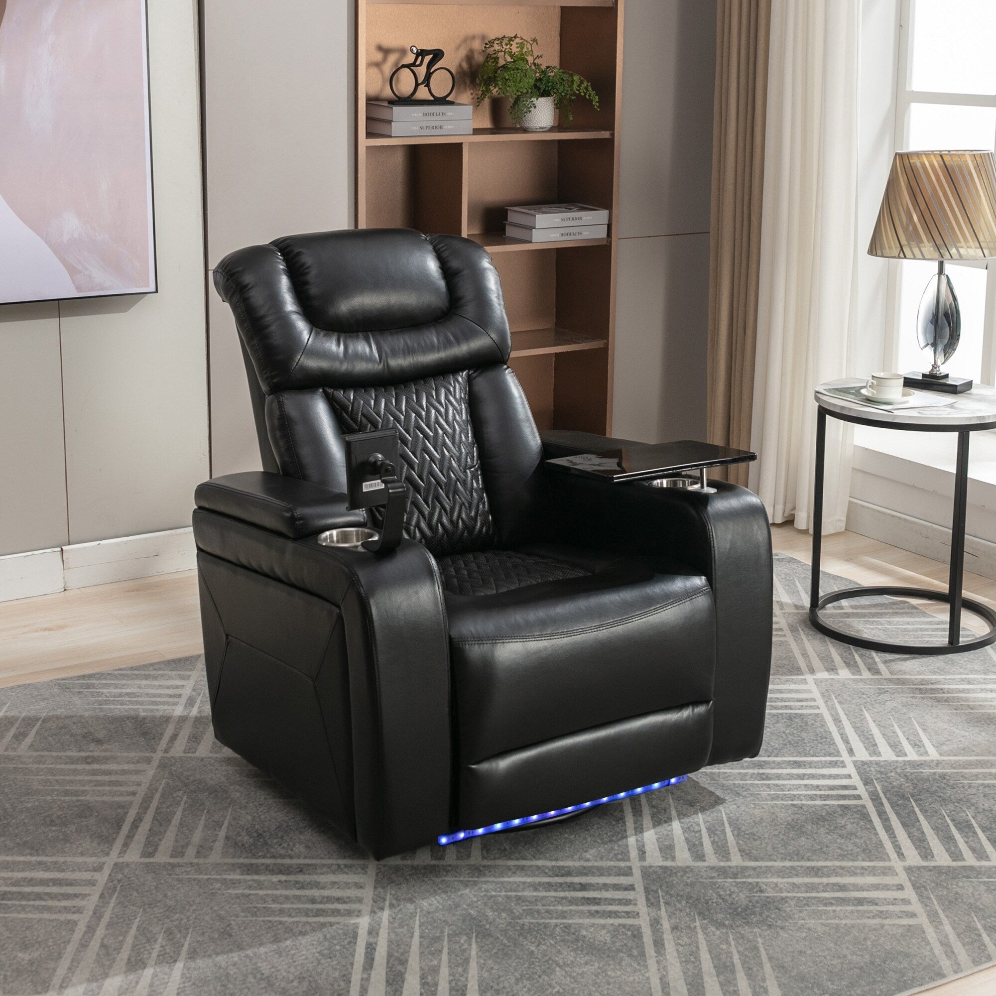 Fauteuil inclinable électrique pivotant à 270 degrés pour home cinéma avec plateau, support pour téléphone, porte-gobelet et port USB