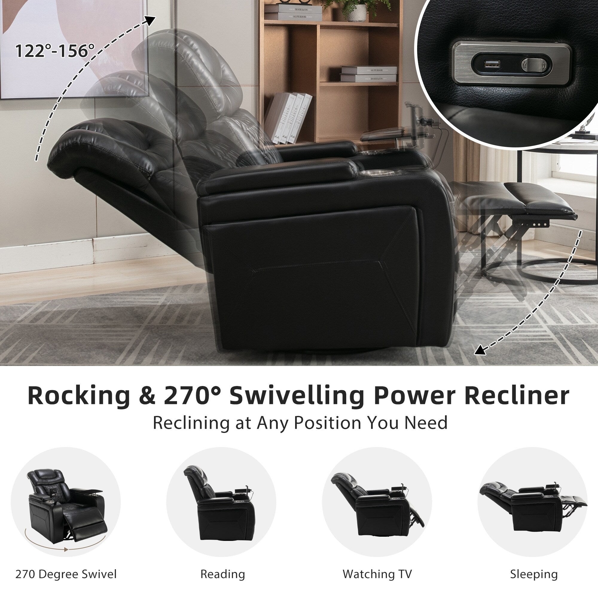 Fauteuil inclinable électrique pivotant à 270 degrés pour home cinéma avec plateau, support pour téléphone, porte-gobelet et port USB