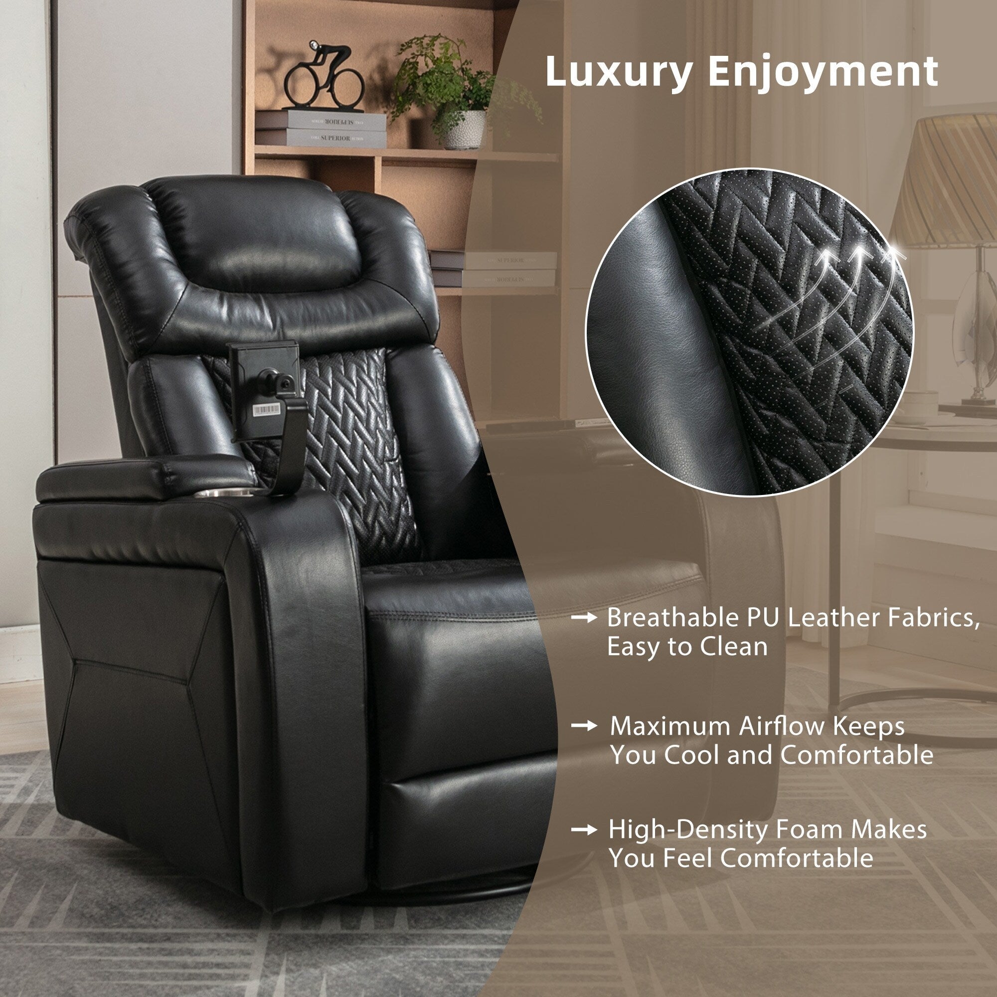 Fauteuil inclinable électrique pivotant à 270 degrés pour home cinéma avec plateau, support pour téléphone, porte-gobelet et port USB