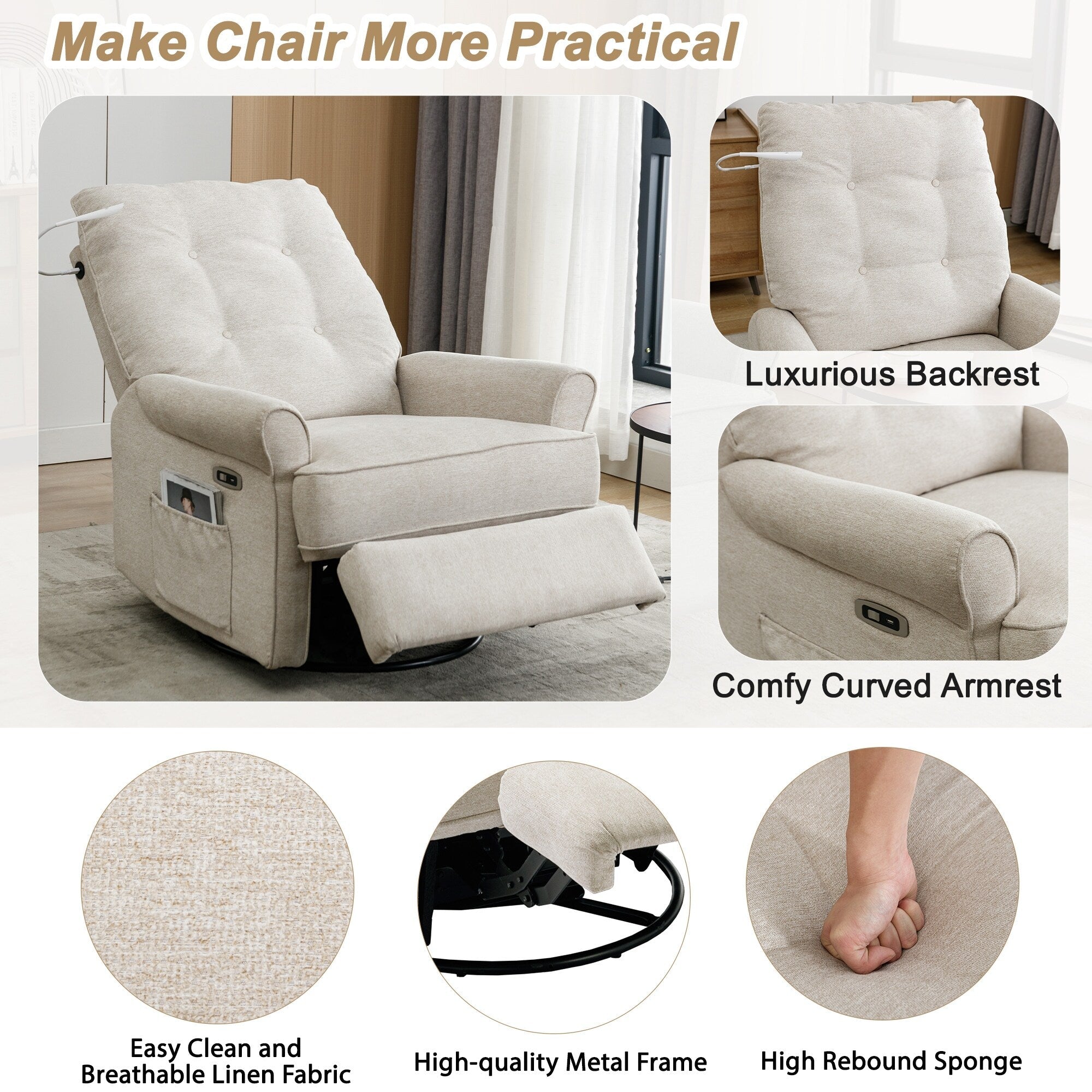 Fauteuil inclinable pivotant à 270° avec ports USB, lampe tactile, poche de rangement latérale et base à bascule