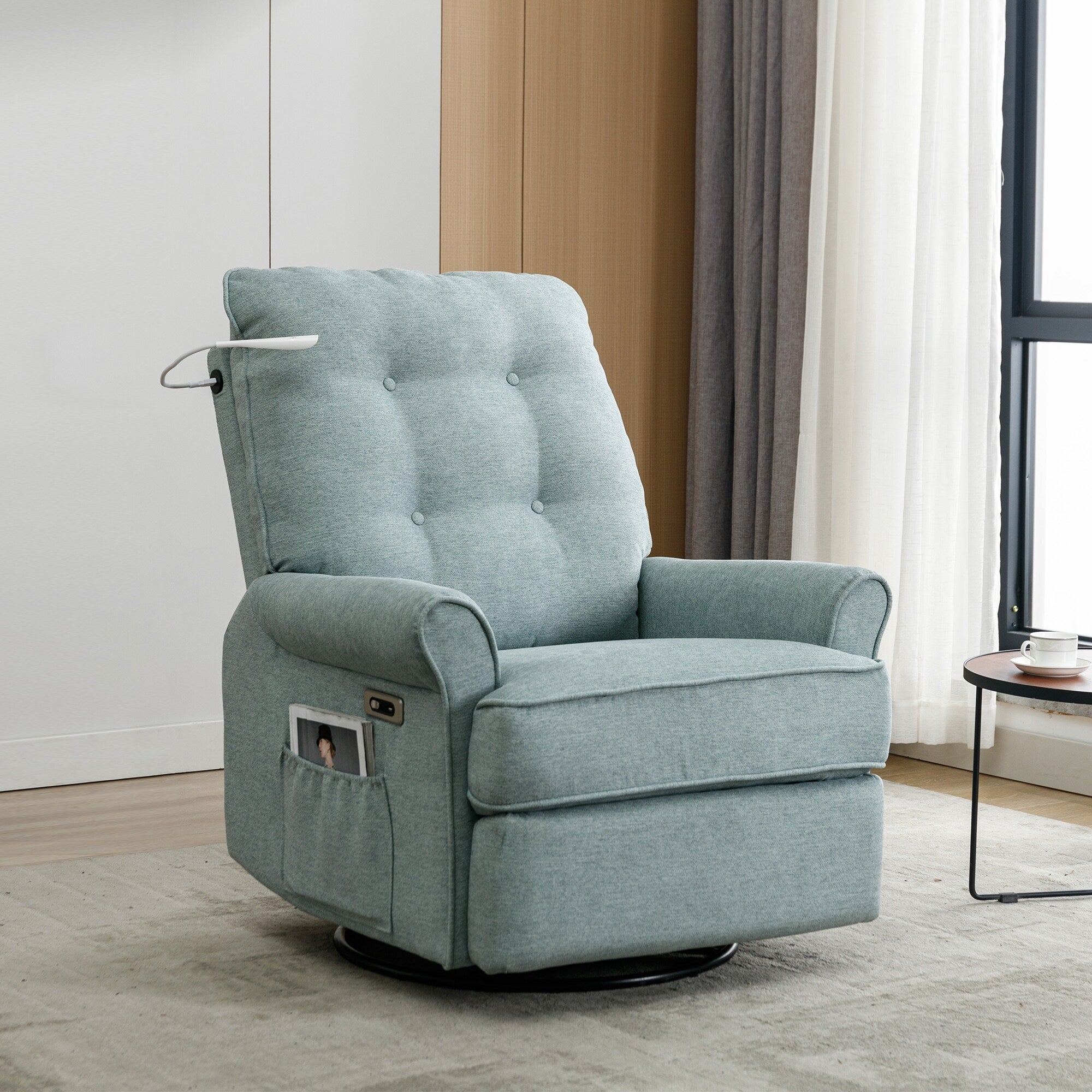 Fauteuil inclinable pivotant à 270° avec ports USB, lampe tactile, poche de rangement latérale et base à bascule