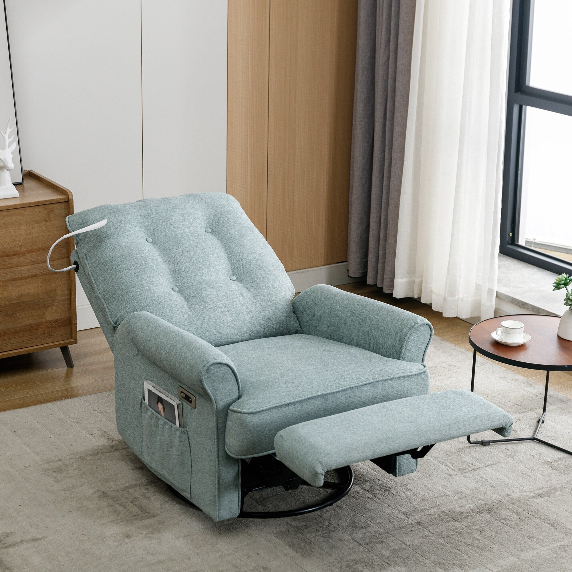 Fauteuil inclinable pivotant à 270° avec ports USB, lampe tactile, poche de rangement latérale et base à bascule
