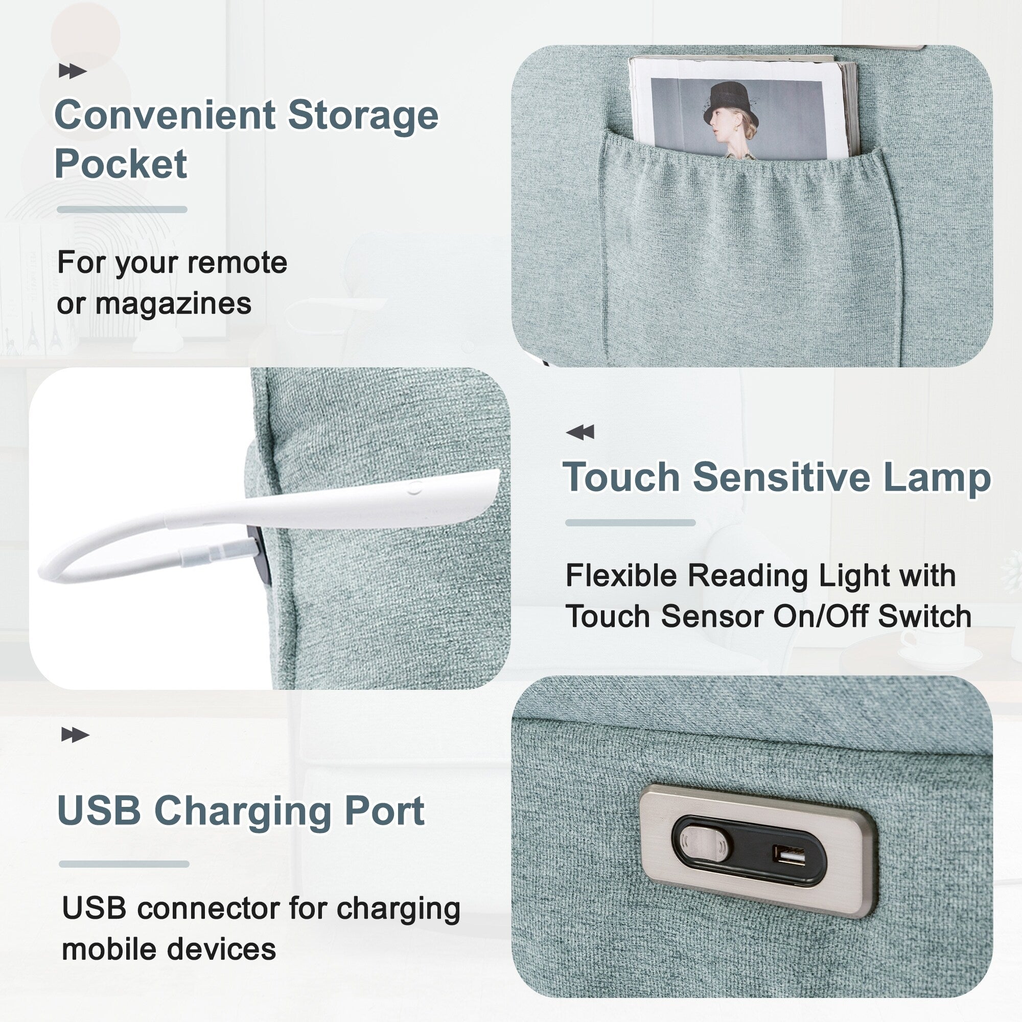 Fauteuil inclinable pivotant à 270° avec ports USB, lampe tactile, poche de rangement latérale et base à bascule