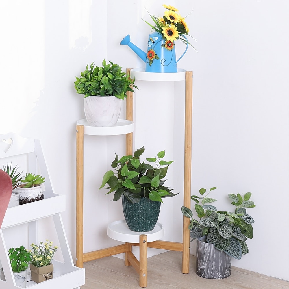 Support d'angle haut en bambou à 3 niveaux pour plantes, présentoir d'intérieur et d'extérieur
